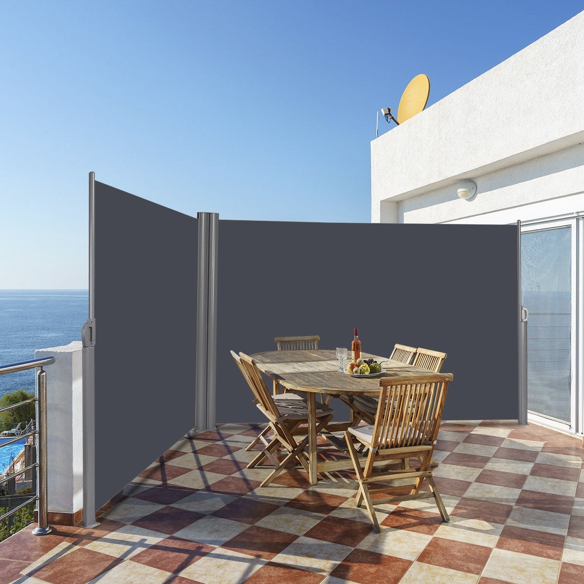 237 x 63 Inch Patio Retractable Double Folding Side Awning Screen Divider-Outdoor Shades-DECOROLALA
