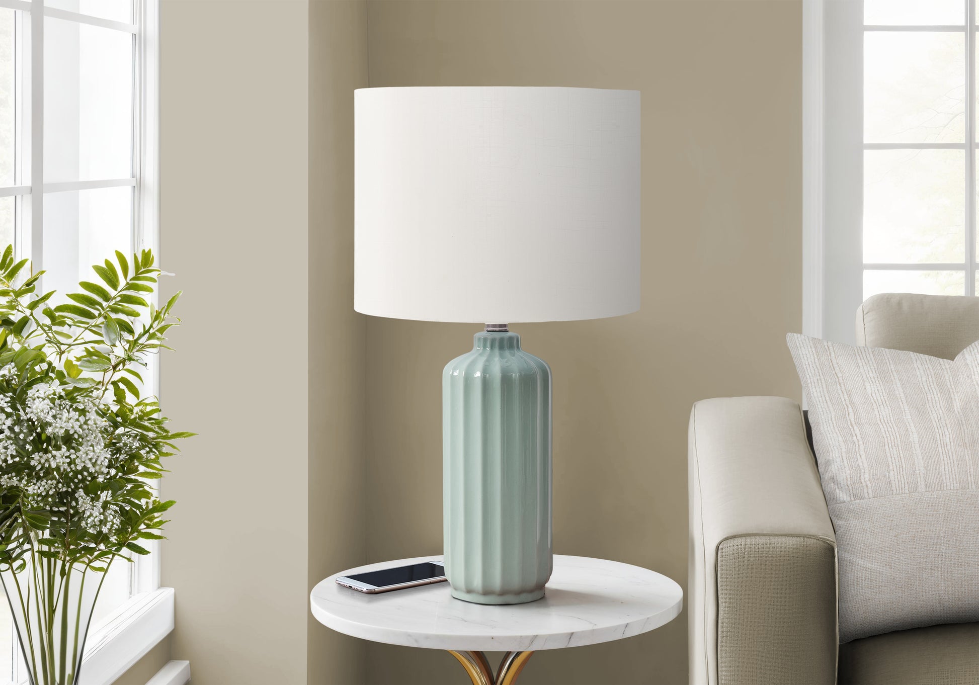 23"H Blue Ceramic Table Lamp with Ivory Shade-Lighting-DECOROLALA