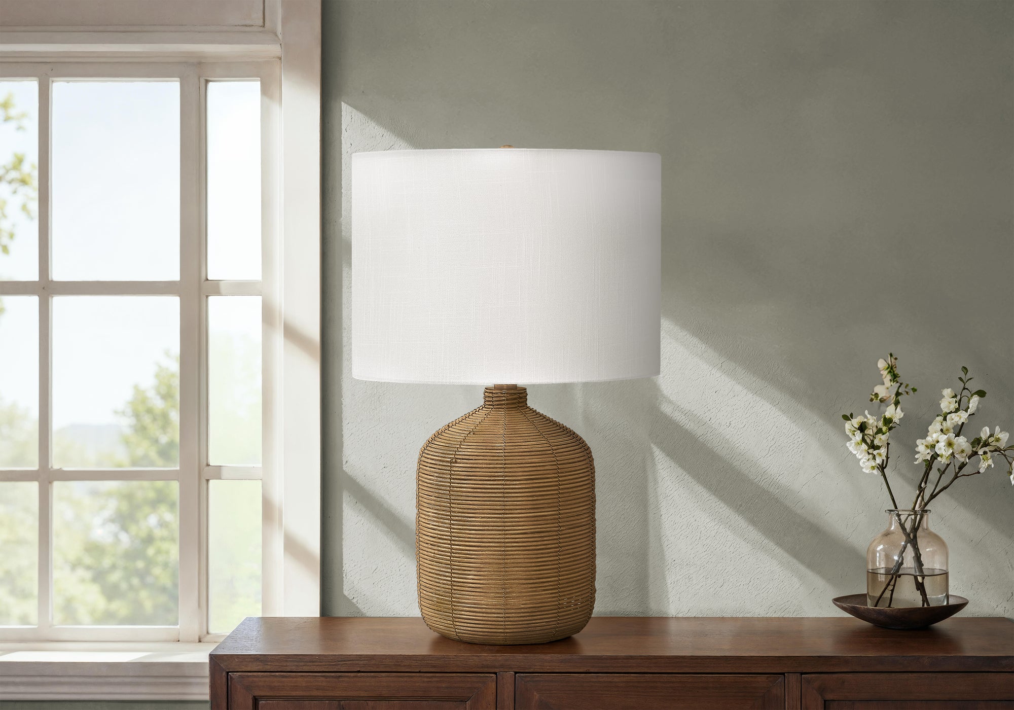 23"H Table Lamp Black Rattan Ginger Jar Ivory Shade-Lighting-DECOROLALA