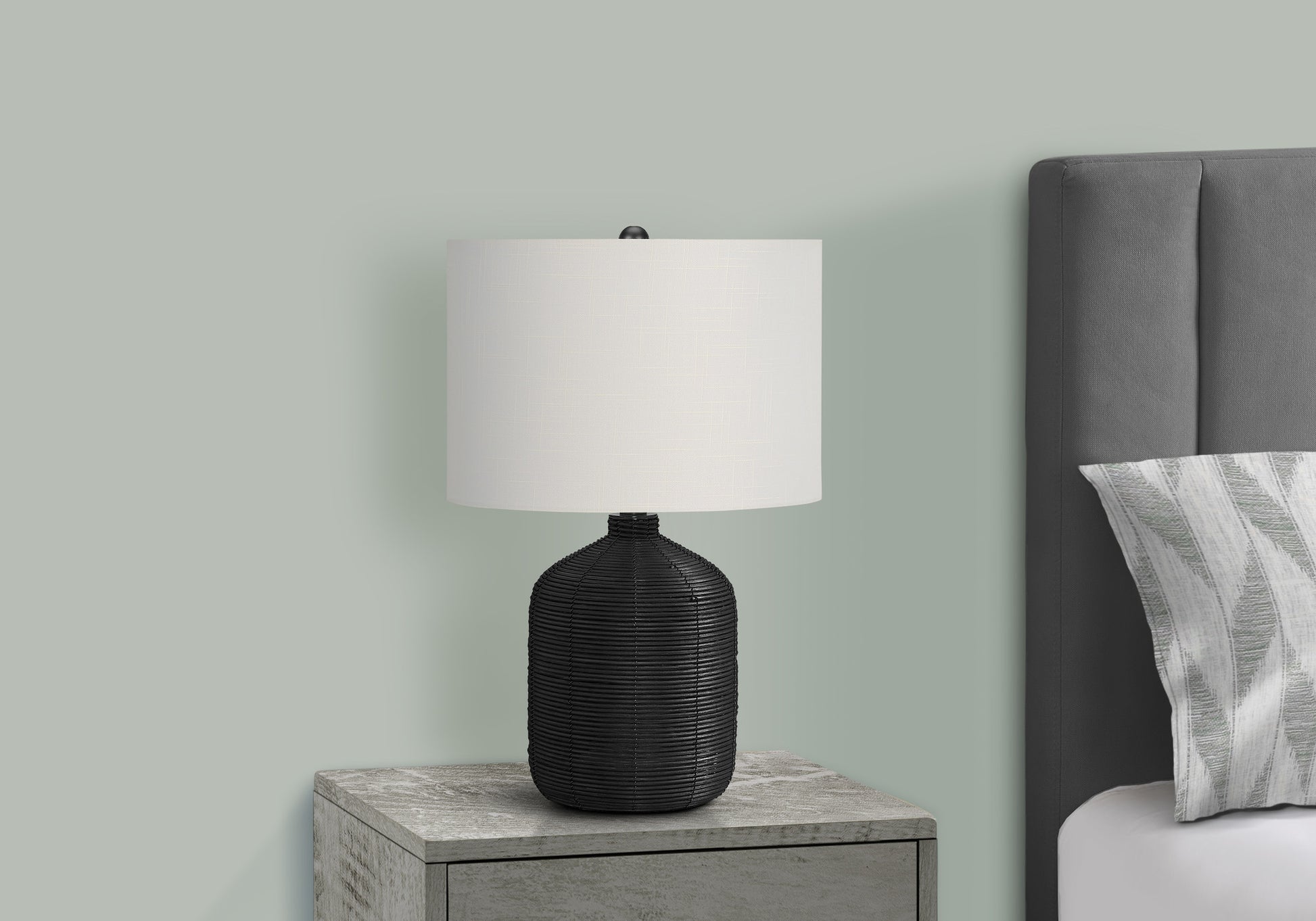 23"H Table Lamp Black Rattan Ginger Jar Ivory Shade-Lighting-DECOROLALA