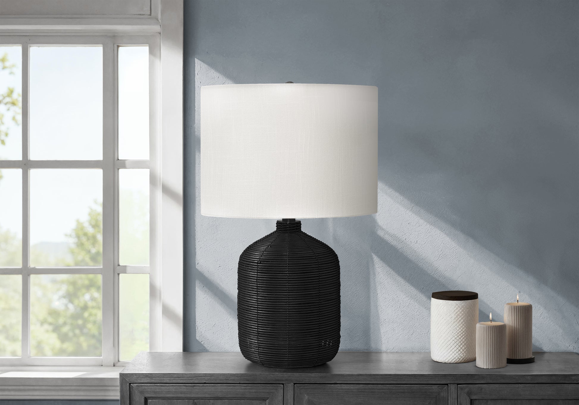23"H Table Lamp Black Rattan Ginger Jar Ivory Shade-Lighting-DECOROLALA