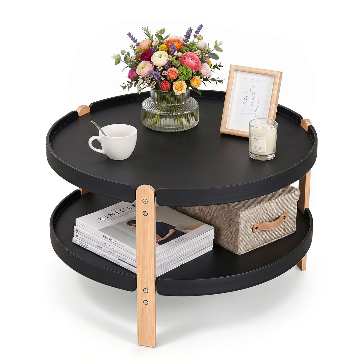 23.5" 2-Tier Round Coffee Table with Solid Wood Legs and Open Storage Shelf-Black-Coffee Tables-DECOROLALA