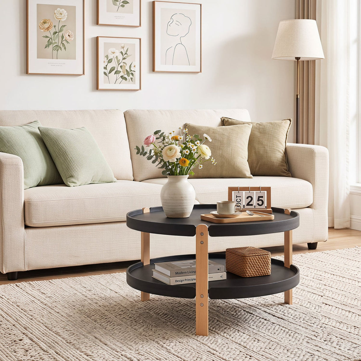 23.5" 2-Tier Round Coffee Table with Solid Wood Legs and Open Storage Shelf-Black-Coffee Tables-DECOROLALA