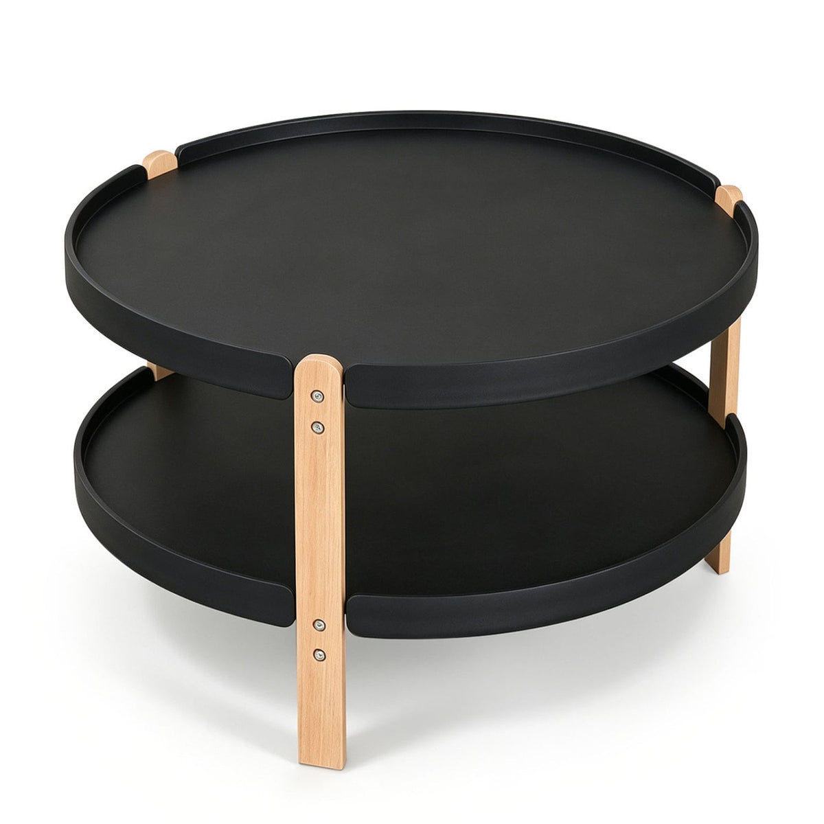 23.5" 2-Tier Round Coffee Table with Solid Wood Legs and Open Storage Shelf-Black-Coffee Tables-DECOROLALA