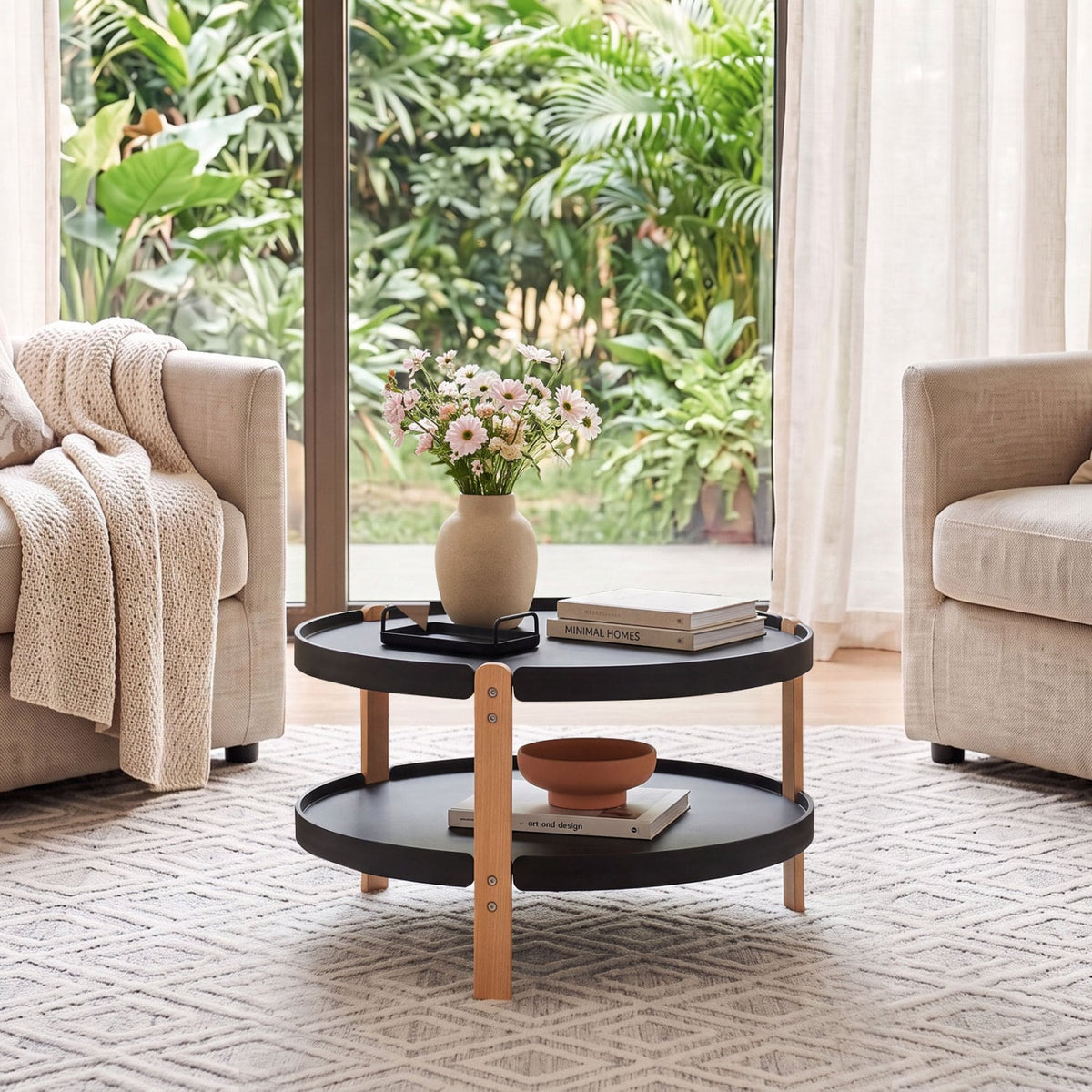 23.5" 2-Tier Round Coffee Table with Solid Wood Legs and Open Storage Shelf-Black-Coffee Tables-DECOROLALA