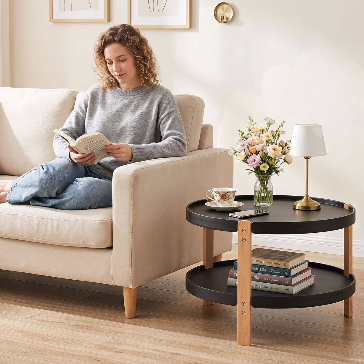 23.5" 2-Tier Round Coffee Table with Solid Wood Legs and Open Storage Shelf-Black-Coffee Tables-DECOROLALA