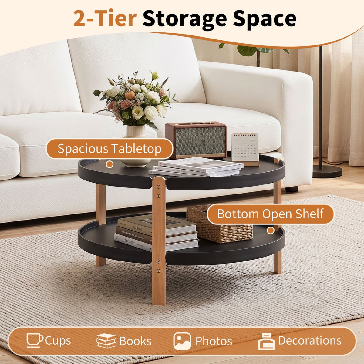 23.5" 2-Tier Round Coffee Table with Solid Wood Legs and Open Storage Shelf-Black-Coffee Tables-DECOROLALA