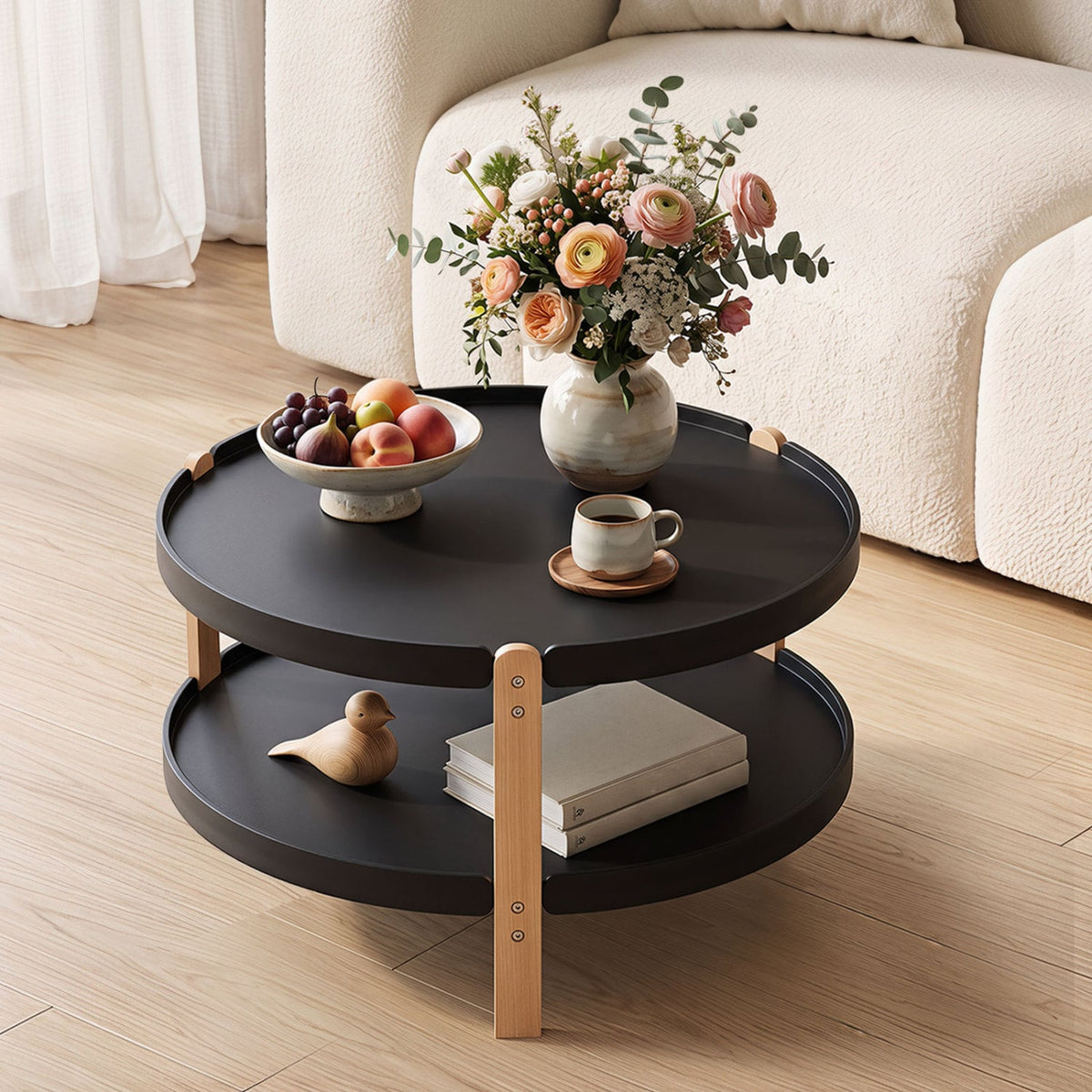 23.5" 2-Tier Round Coffee Table with Solid Wood Legs and Open Storage Shelf-Black-Coffee Tables-DECOROLALA
