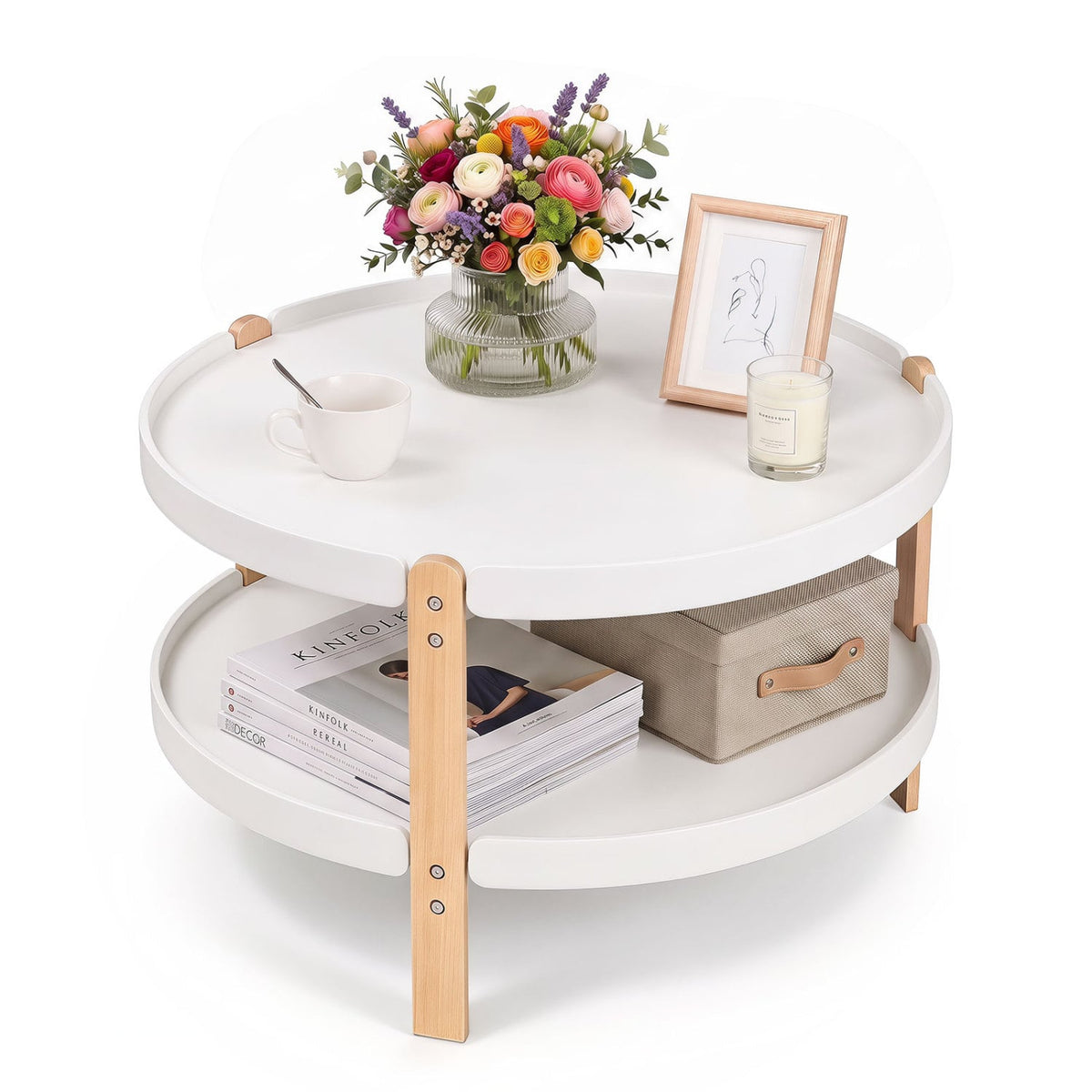 23.5" 2-Tier Round Coffee Table with Solid Wood Legs and Open Storage Shelf-White-Coffee Tables-DECOROLALA