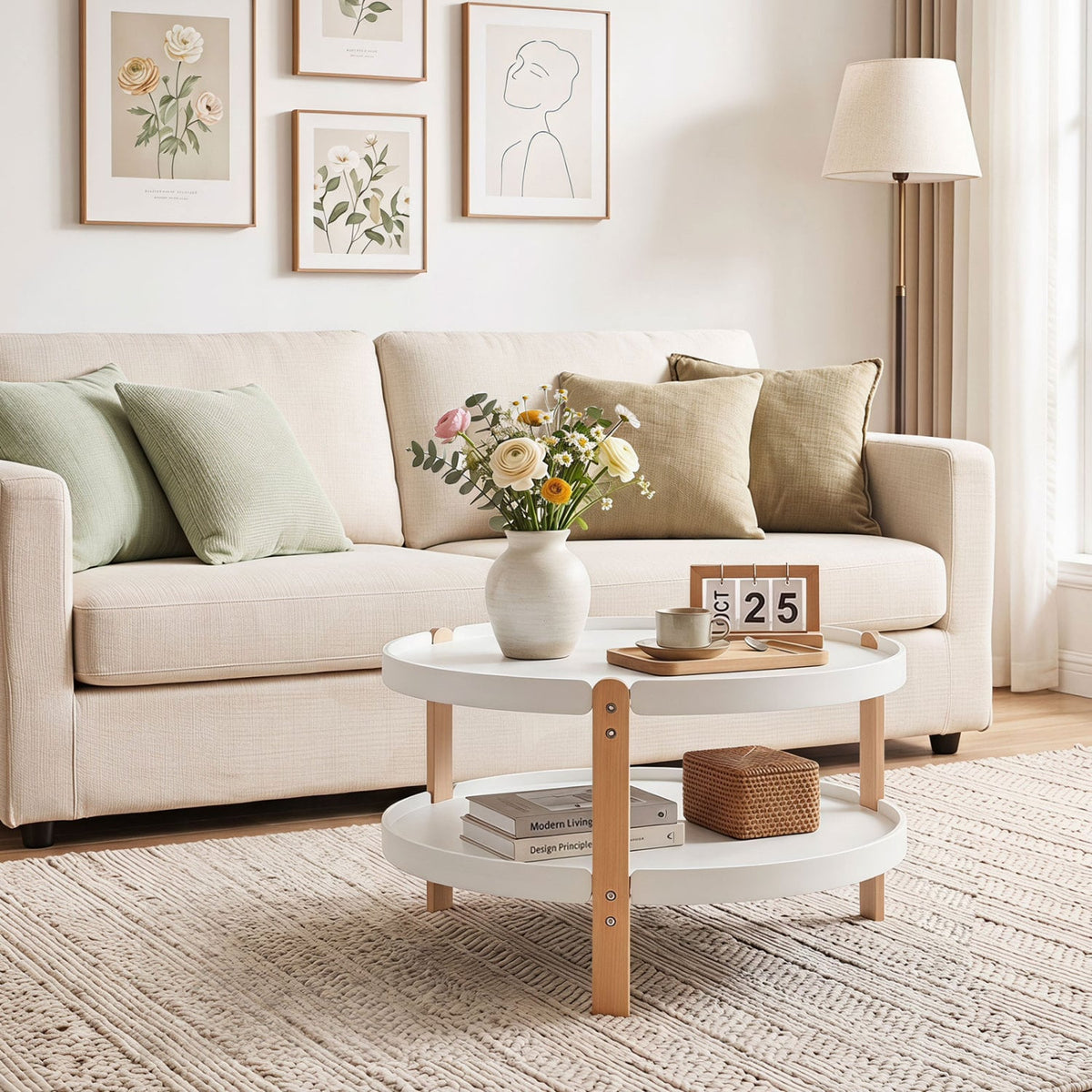 23.5" 2-Tier Round Coffee Table with Solid Wood Legs and Open Storage Shelf-White-Coffee Tables-DECOROLALA