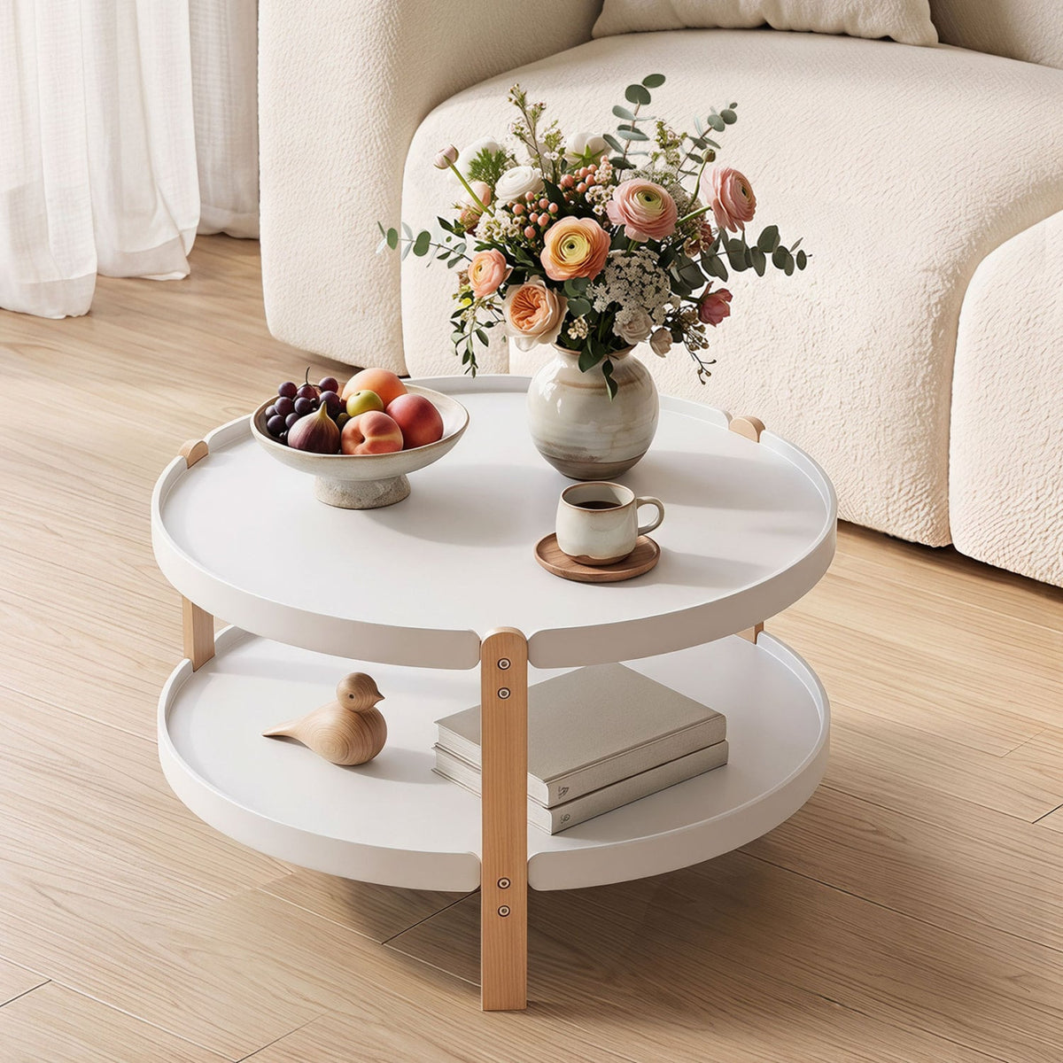 23.5" 2-Tier Round Coffee Table with Solid Wood Legs and Open Storage Shelf-White-Coffee Tables-DECOROLALA