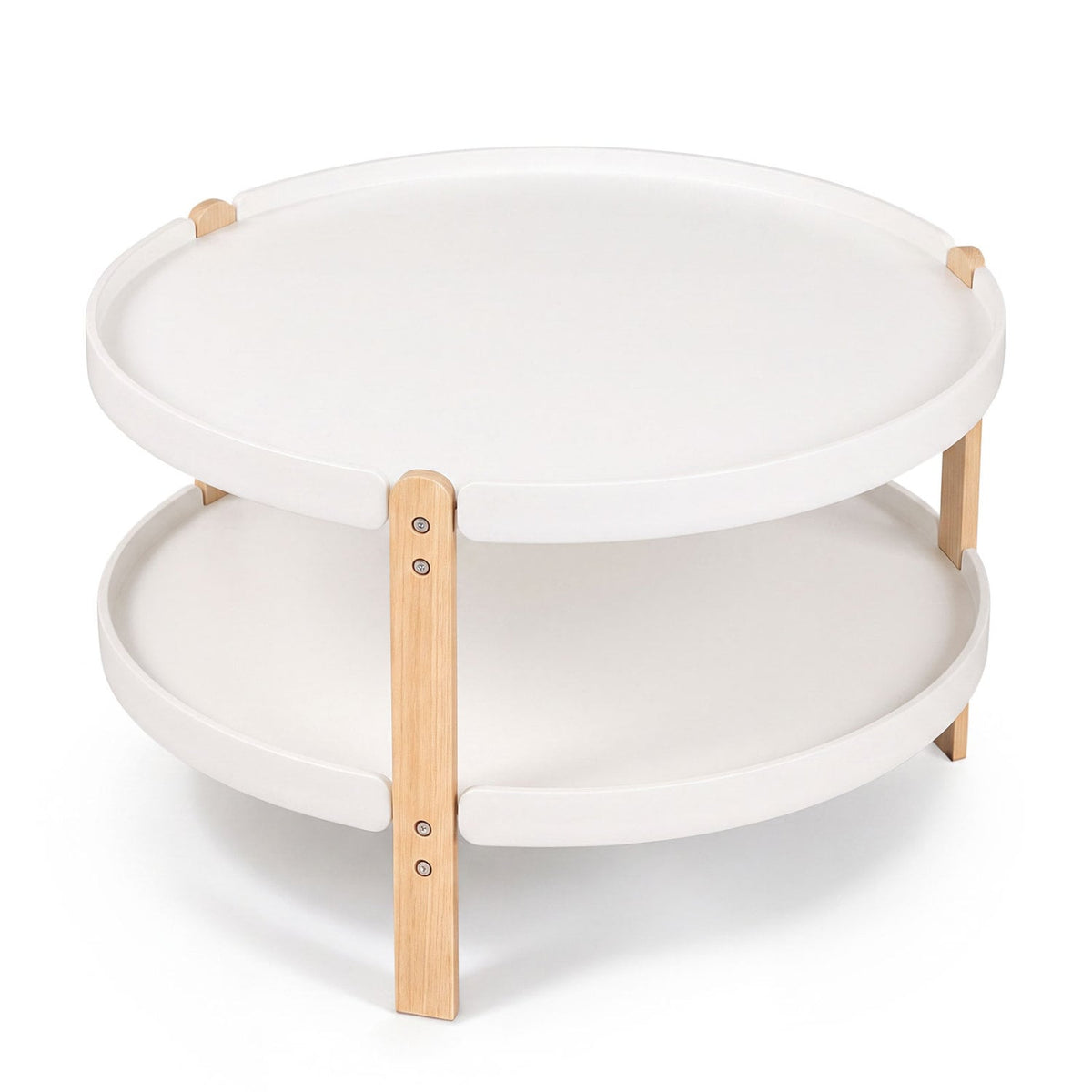 23.5" 2-Tier Round Coffee Table with Solid Wood Legs and Open Storage Shelf-White-Coffee Tables-DECOROLALA