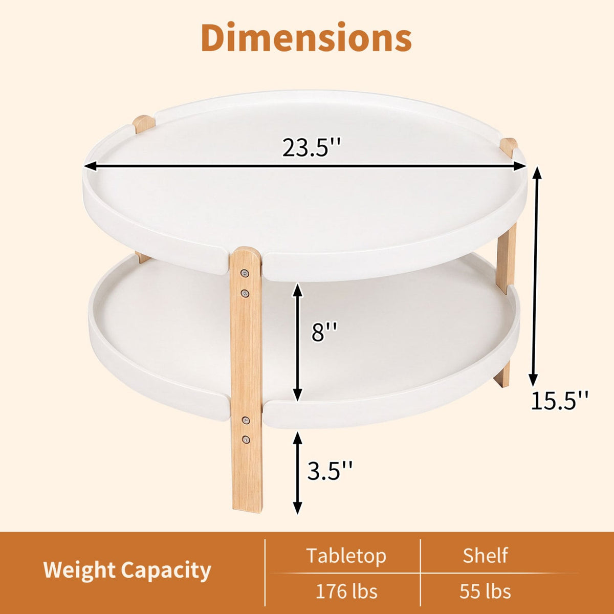 23.5" 2-Tier Round Coffee Table with Solid Wood Legs and Open Storage Shelf-White-Coffee Tables-DECOROLALA