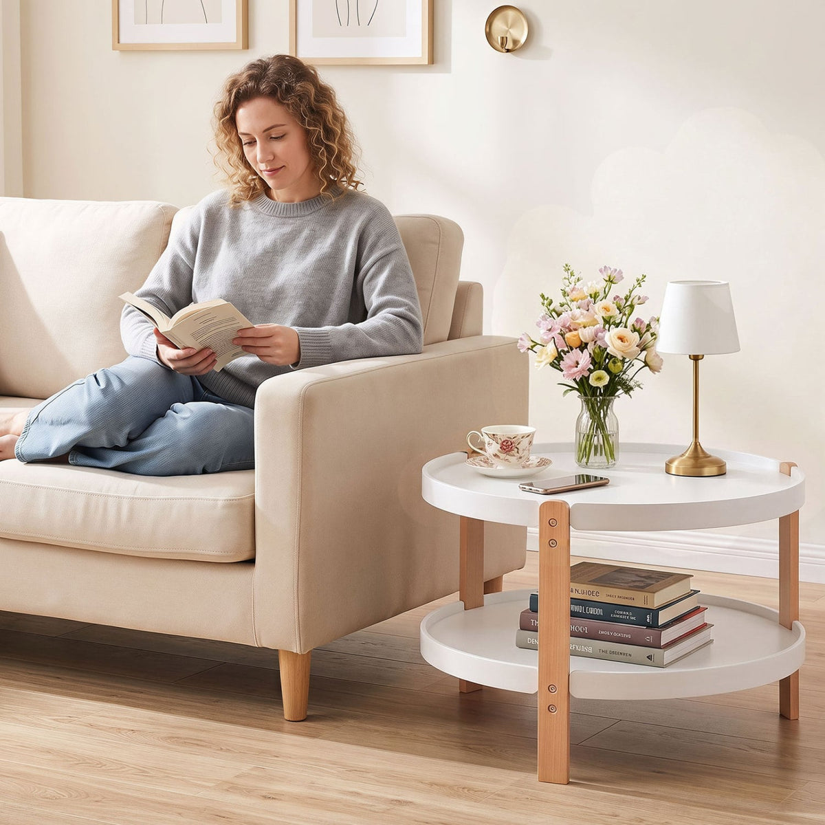 23.5" 2-Tier Round Coffee Table with Solid Wood Legs and Open Storage Shelf-White-Coffee Tables-DECOROLALA