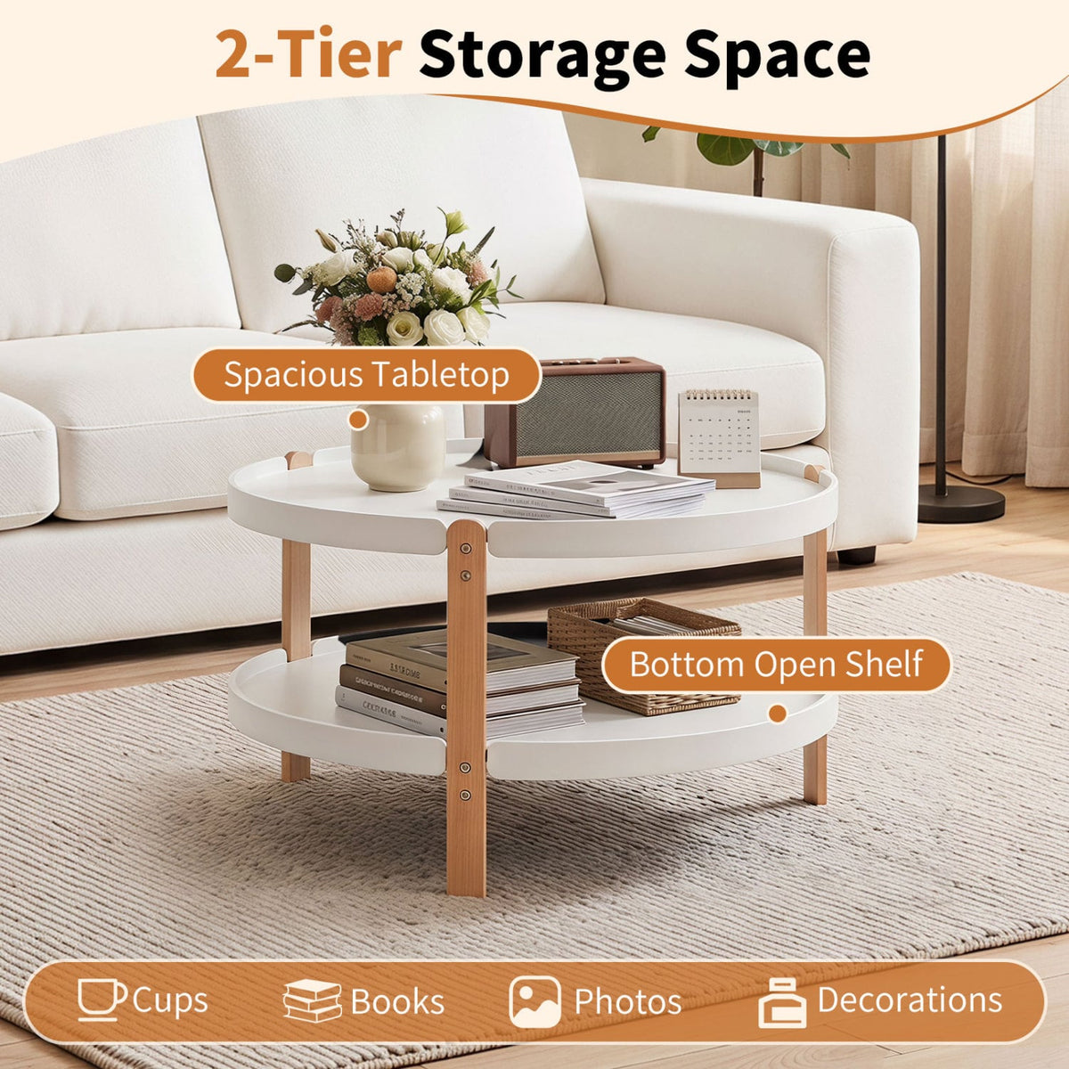 23.5" 2-Tier Round Coffee Table with Solid Wood Legs and Open Storage Shelf-White-Coffee Tables-DECOROLALA