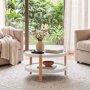 23.5" 2-Tier Round Coffee Table with Solid Wood Legs and Open Storage Shelf-White-Coffee Tables-DECOROLALA