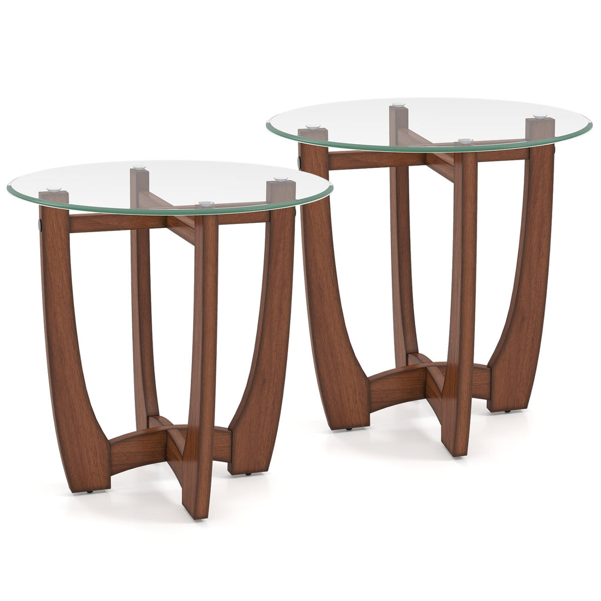 23.5 Inch Round End Side Table Set of 2 with Tempered Glass Tabletop-Walnut-End & Side Tables-DECOROLALA