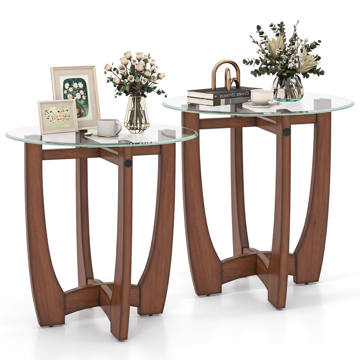 23.5 Inch Round End Side Table Set of 2 with Tempered Glass Tabletop-Walnut-End & Side Tables-DECOROLALA