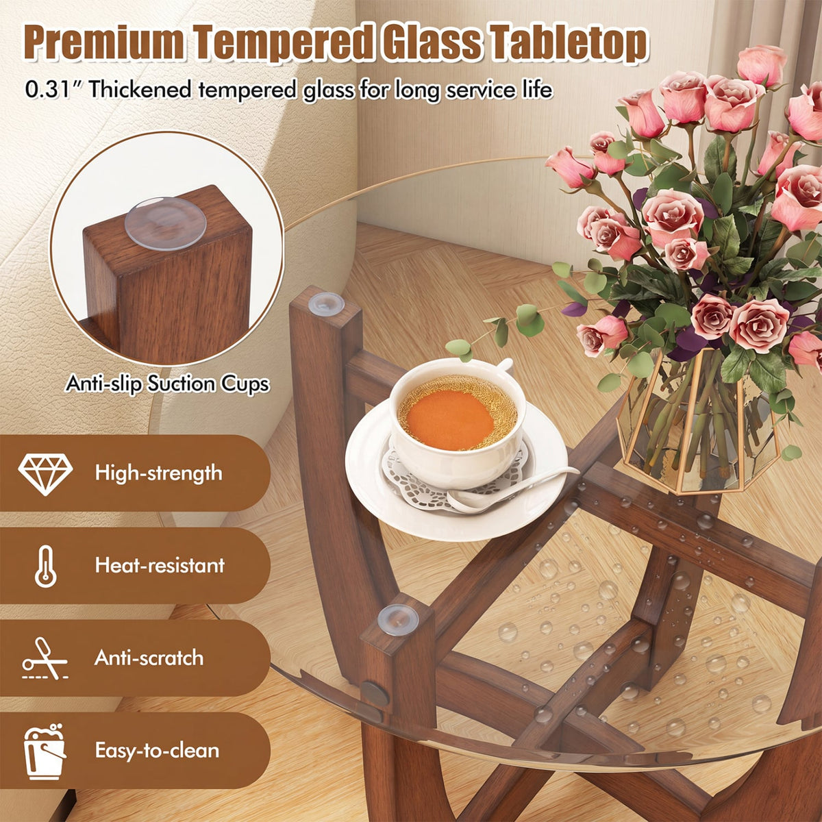 23.5 Inch Round End Side Table Set of 2 with Tempered Glass Tabletop-Walnut-End & Side Tables-DECOROLALA
