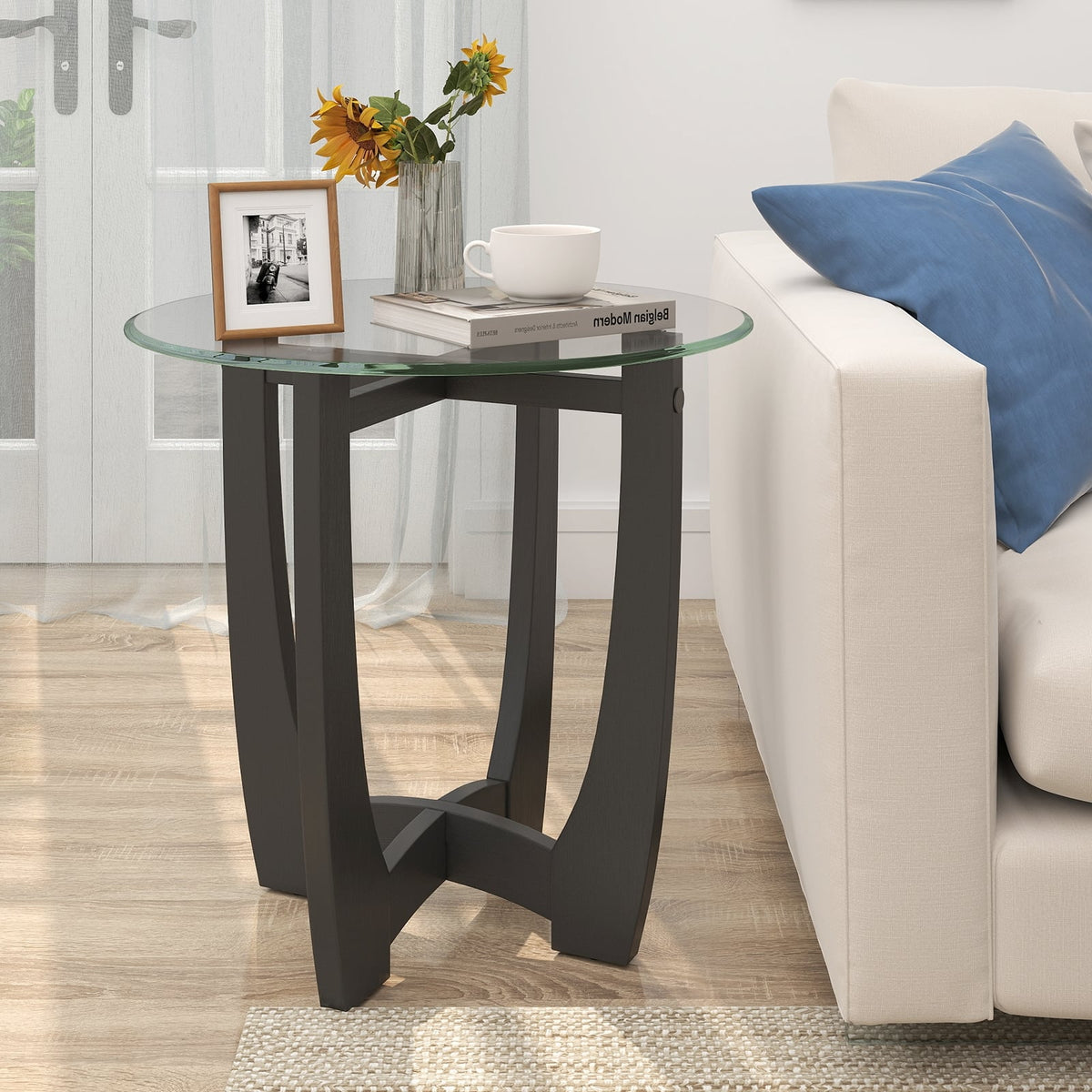 23.5 Inch Round End Side Table with Tempered Glass Tabletop-Black-End & Side Tables-DECOROLALA