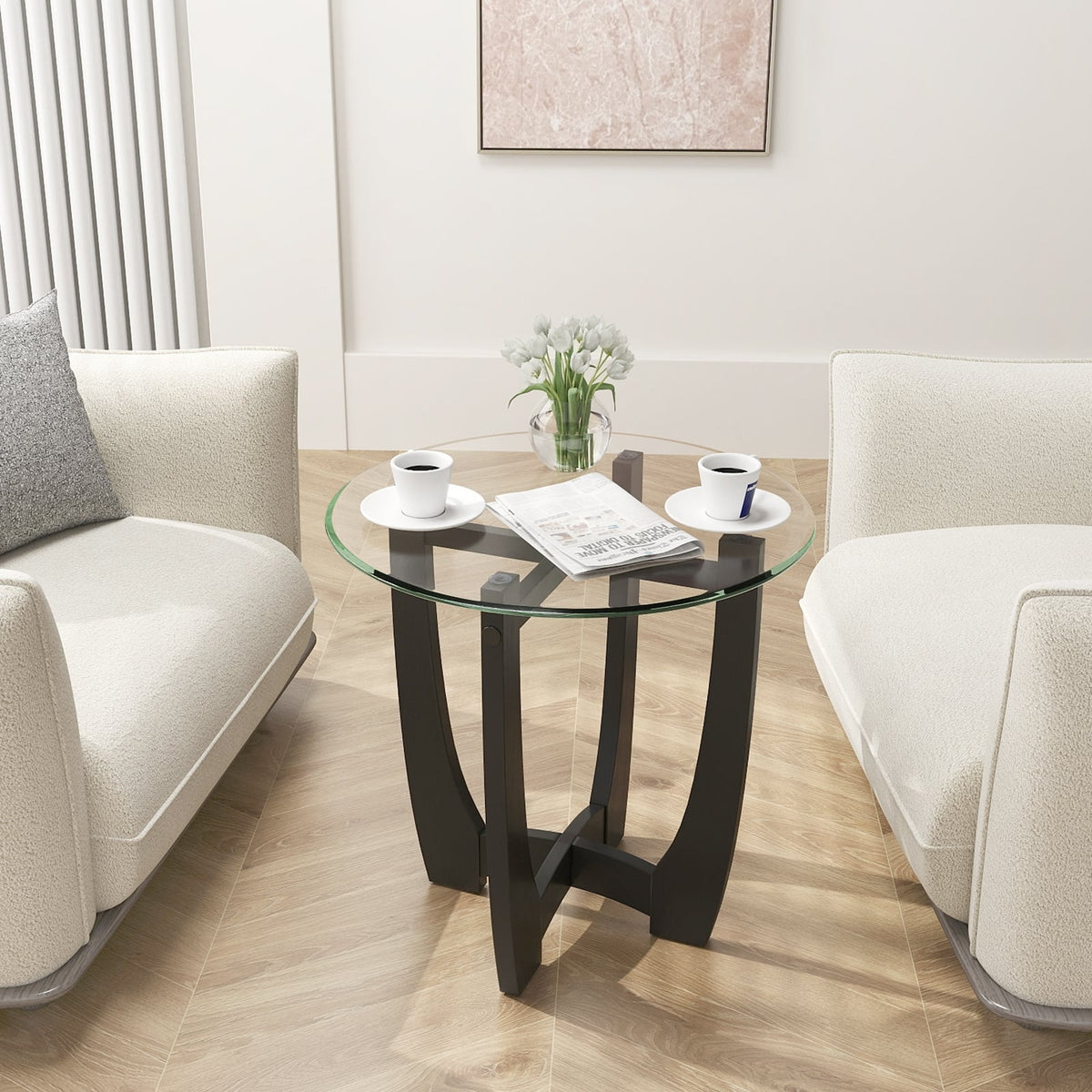 23.5 Inch Round End Side Table with Tempered Glass Tabletop-Black-End & Side Tables-DECOROLALA