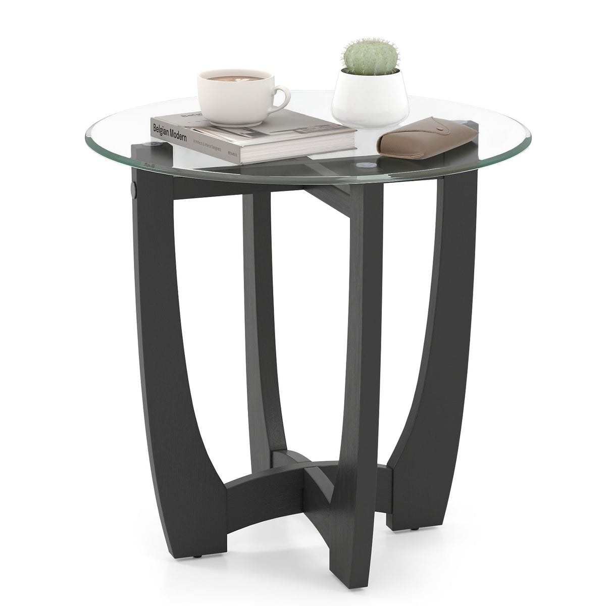 23.5 Inch Round End Side Table with Tempered Glass Tabletop-Black-End & Side Tables-DECOROLALA