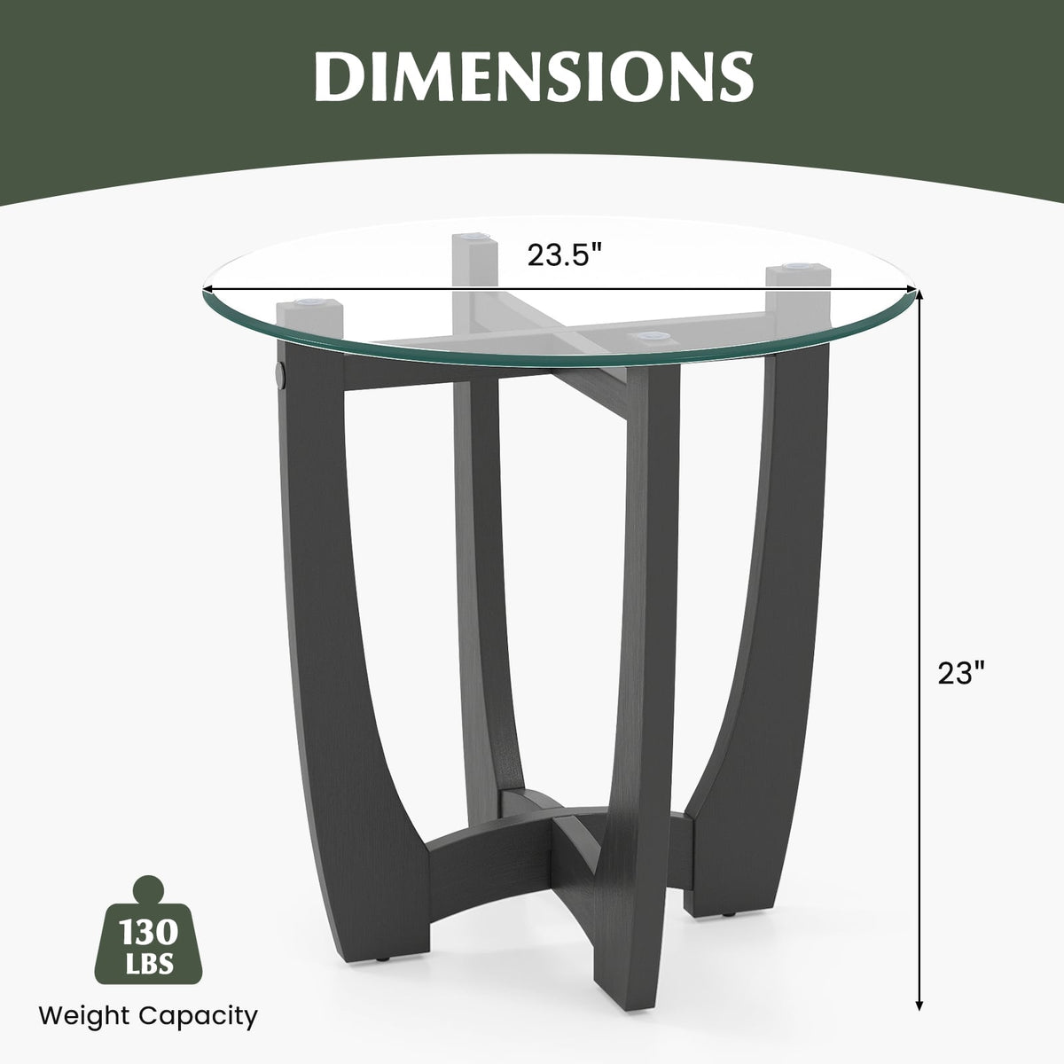 23.5 Inch Round End Side Table with Tempered Glass Tabletop-Black-End & Side Tables-DECOROLALA