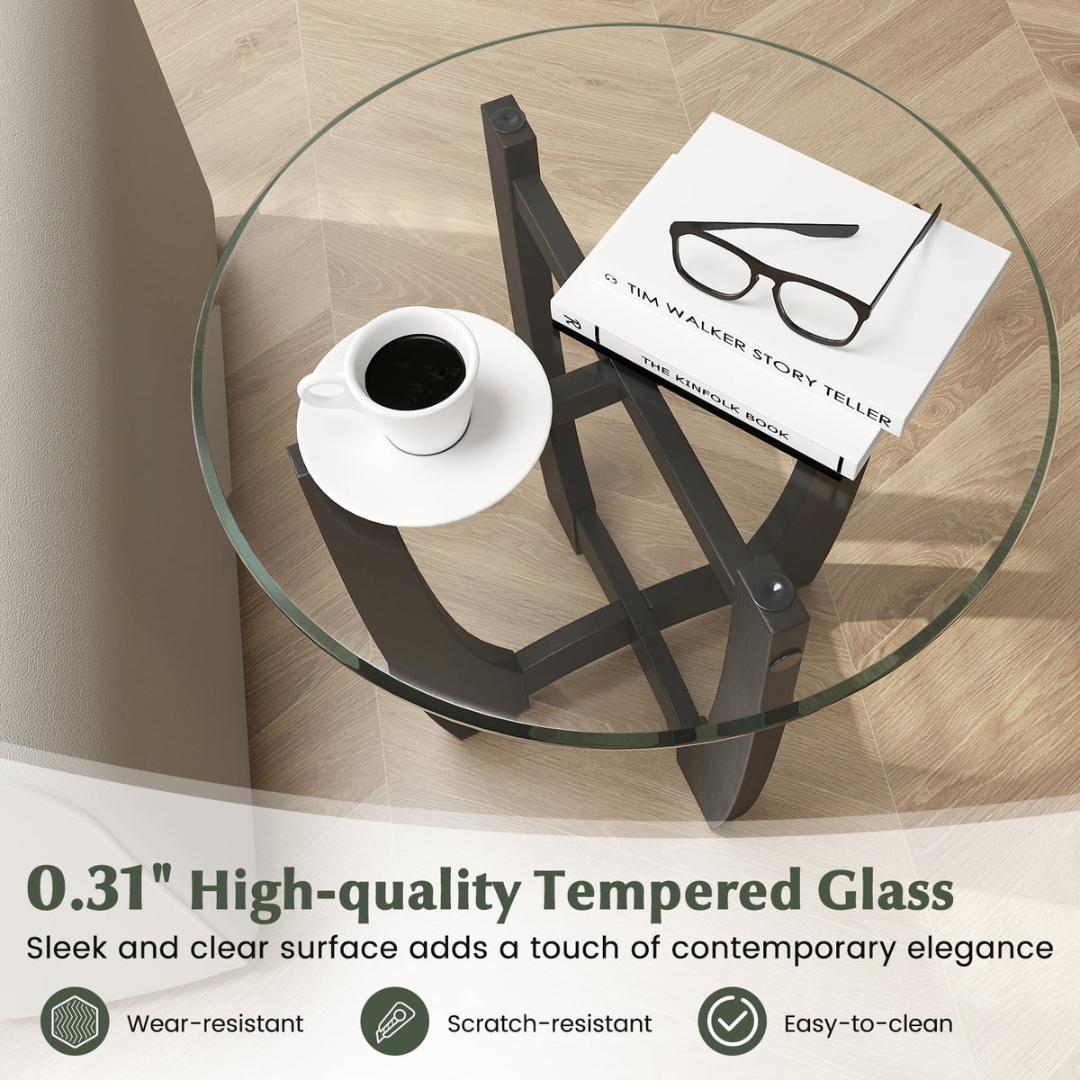 23.5 Inch Round End Side Table with Tempered Glass Tabletop-Black-End & Side Tables-DECOROLALA