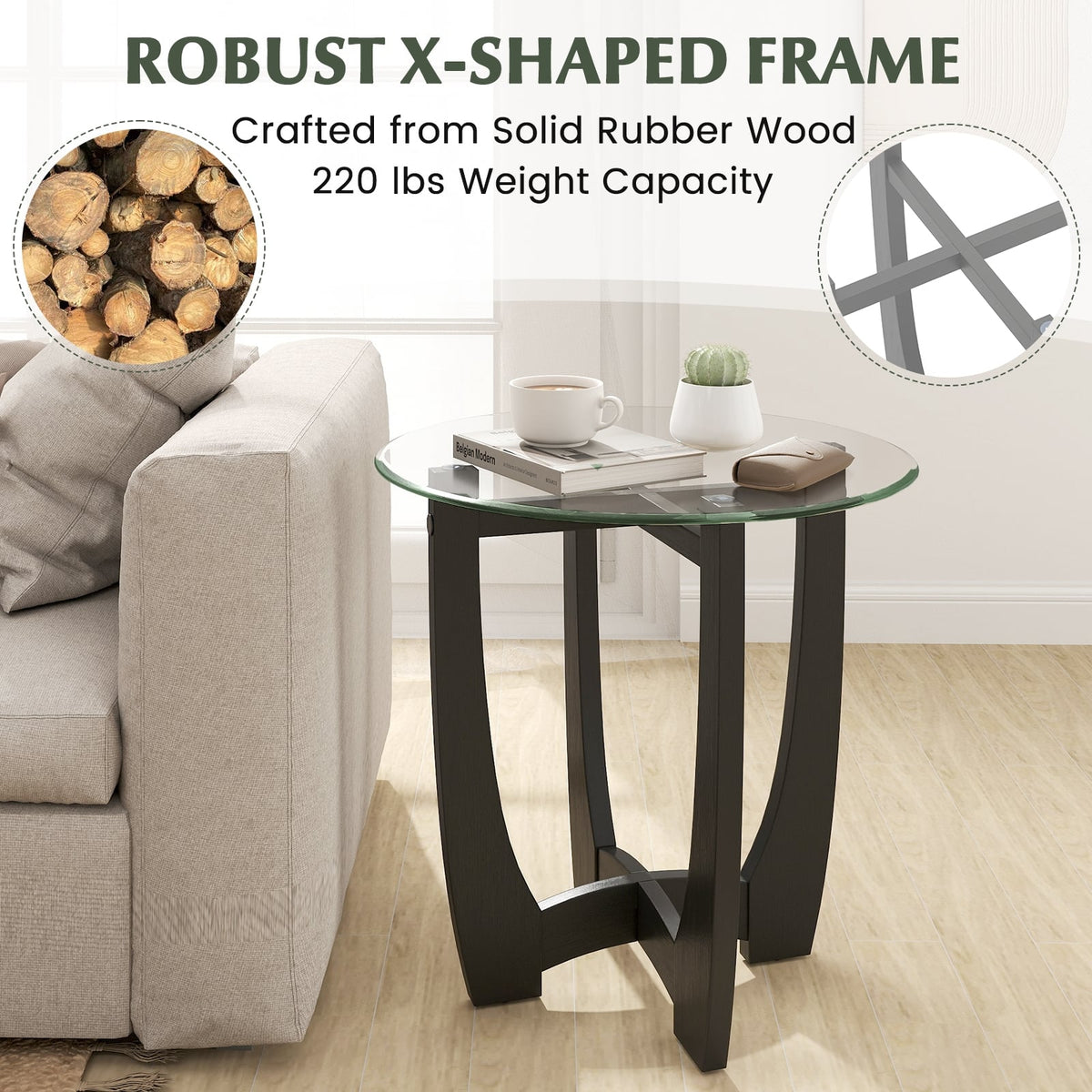 23.5 Inch Round End Side Table with Tempered Glass Tabletop-Black-End & Side Tables-DECOROLALA