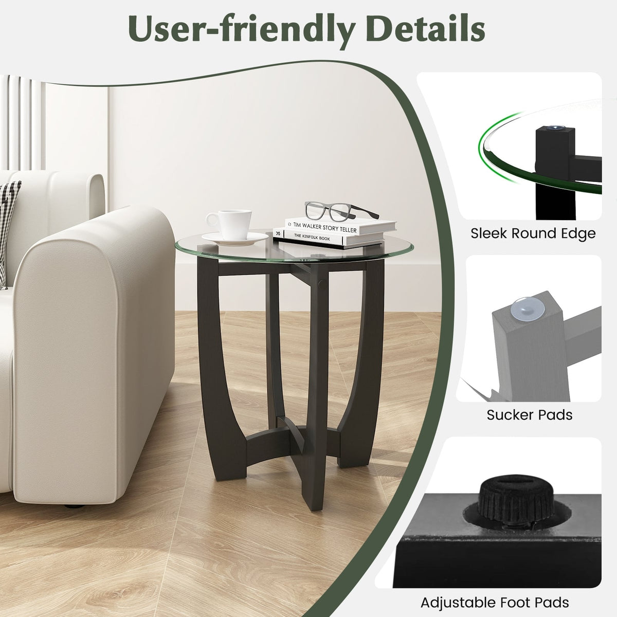 23.5 Inch Round End Side Table with Tempered Glass Tabletop-Black-End & Side Tables-DECOROLALA