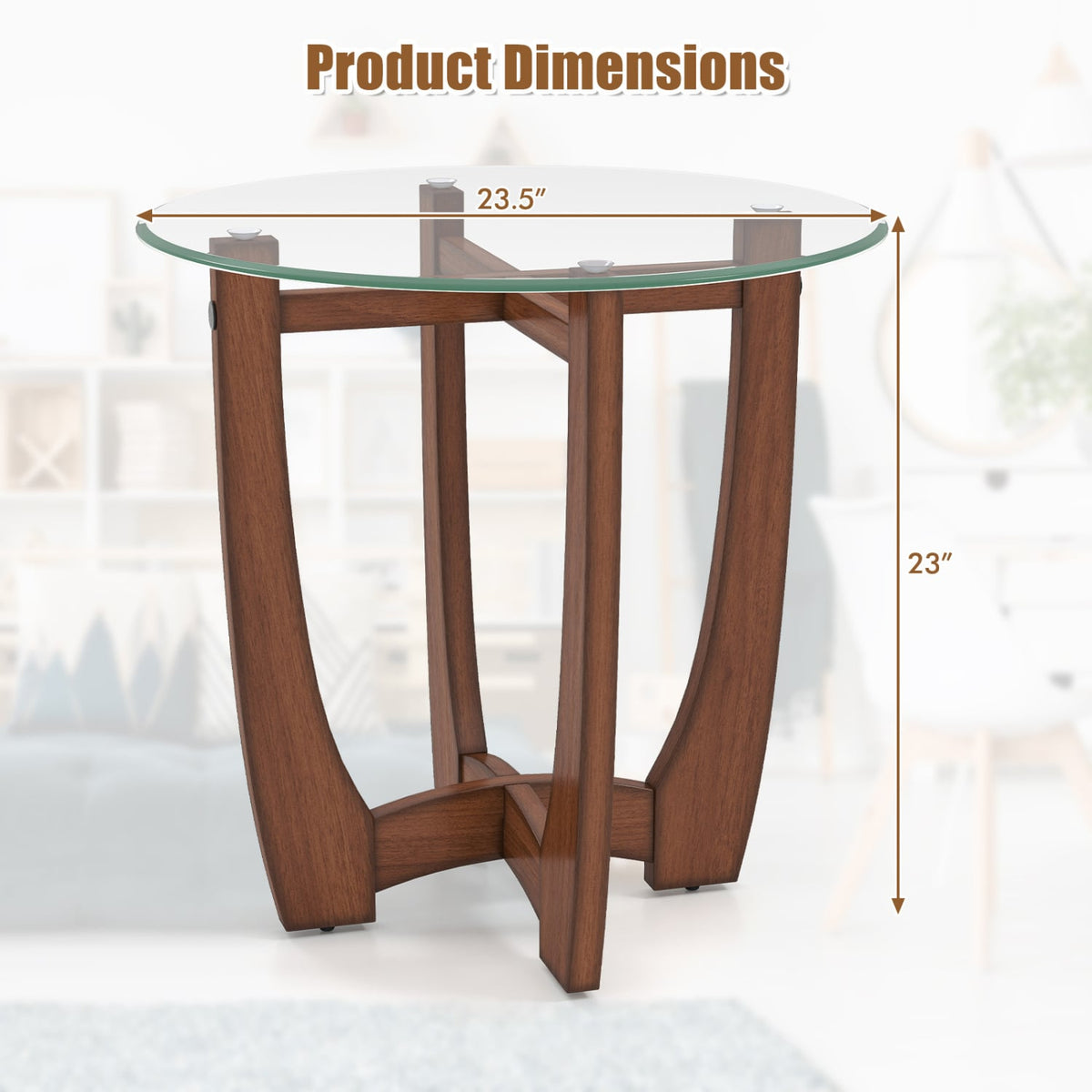 23.5 Inch Round End Side Table with Tempered Glass Tabletop-Walnut-End & Side Tables-DECOROLALA