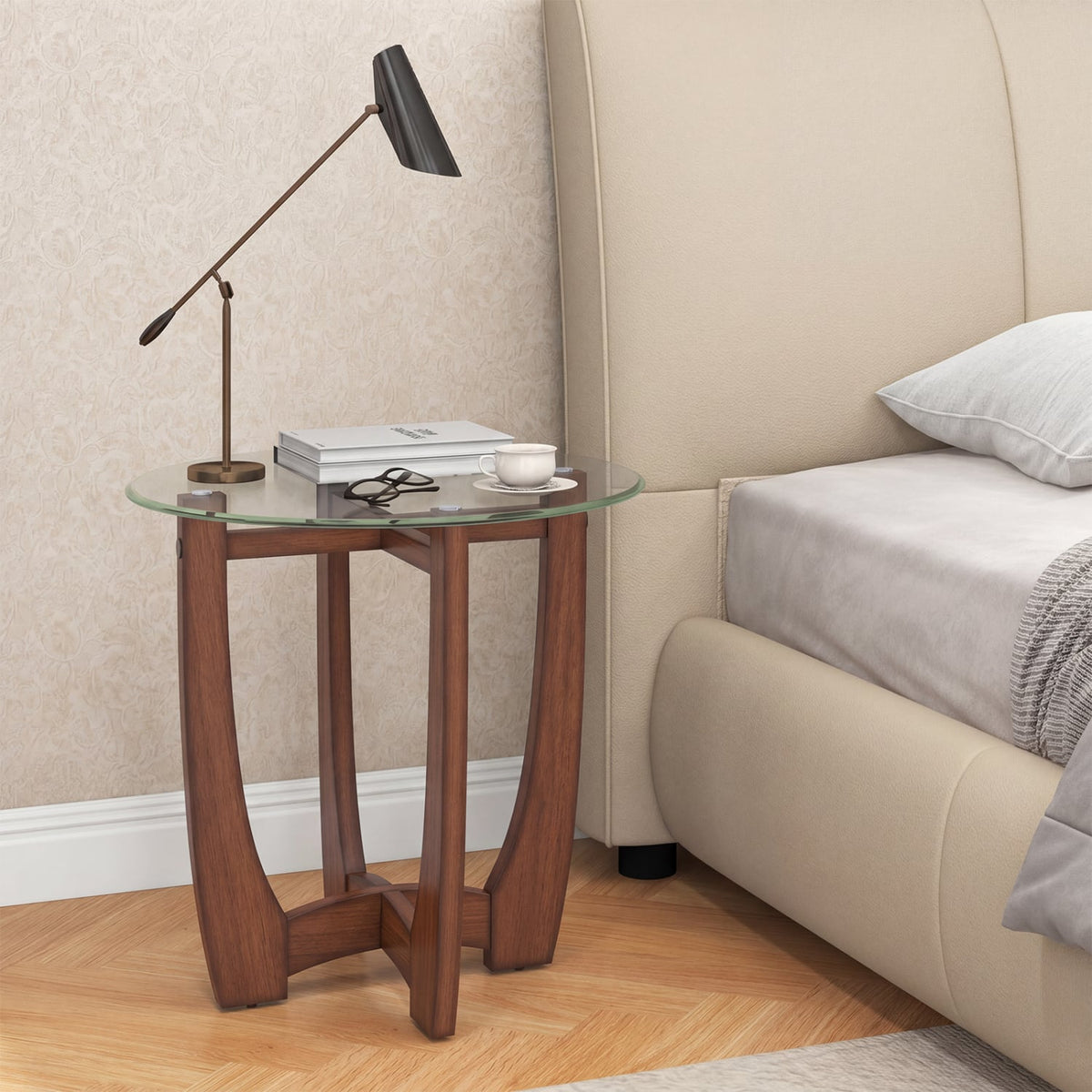 23.5 Inch Round End Side Table with Tempered Glass Tabletop-Walnut-End & Side Tables-DECOROLALA