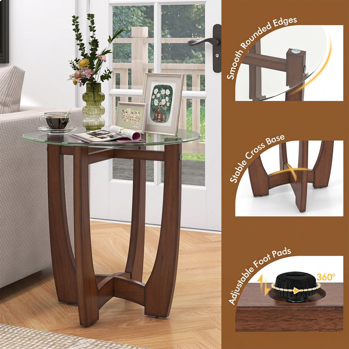 23.5 Inch Round End Side Table with Tempered Glass Tabletop-Walnut-End & Side Tables-DECOROLALA