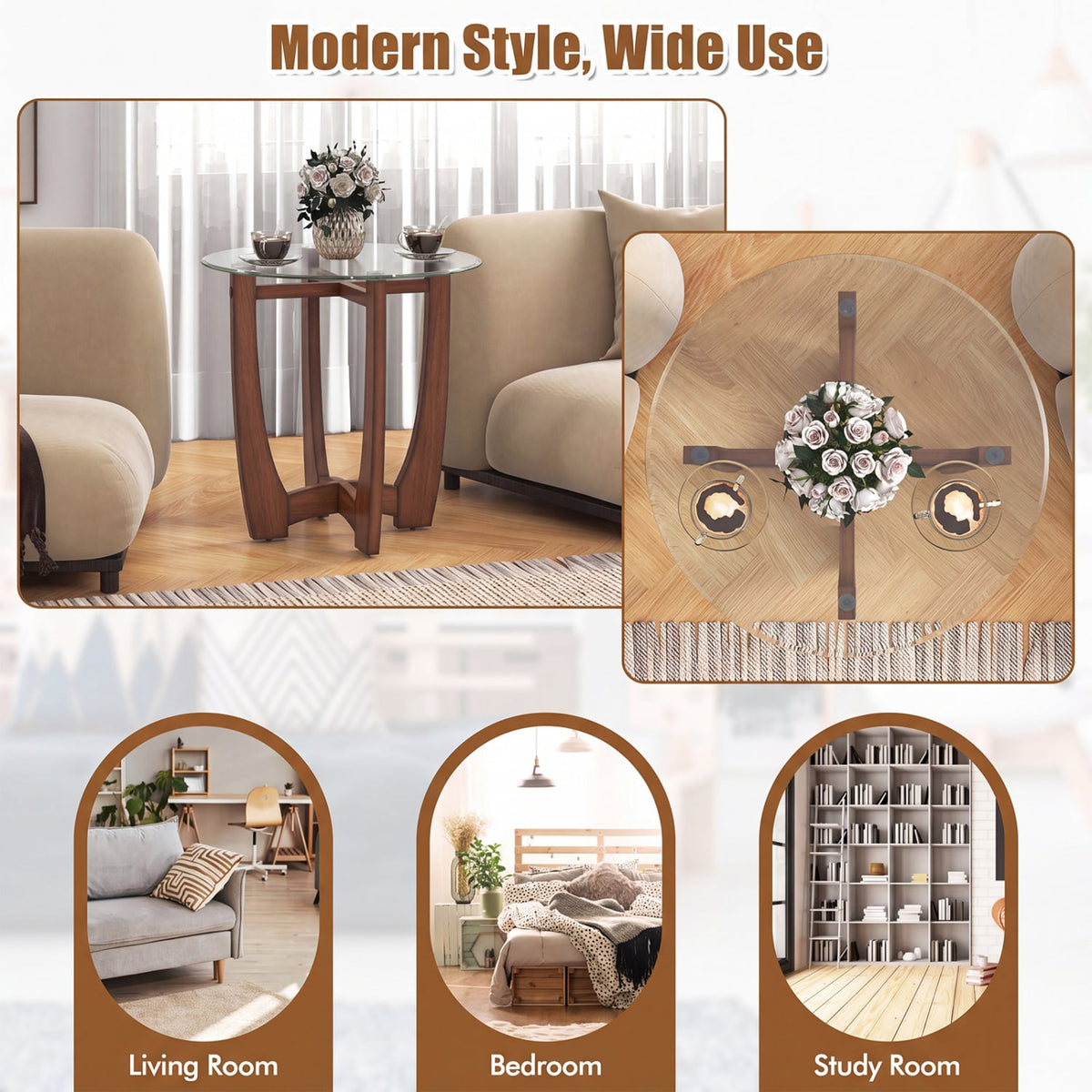 23.5 Inch Round End Side Table with Tempered Glass Tabletop-Walnut-End & Side Tables-DECOROLALA