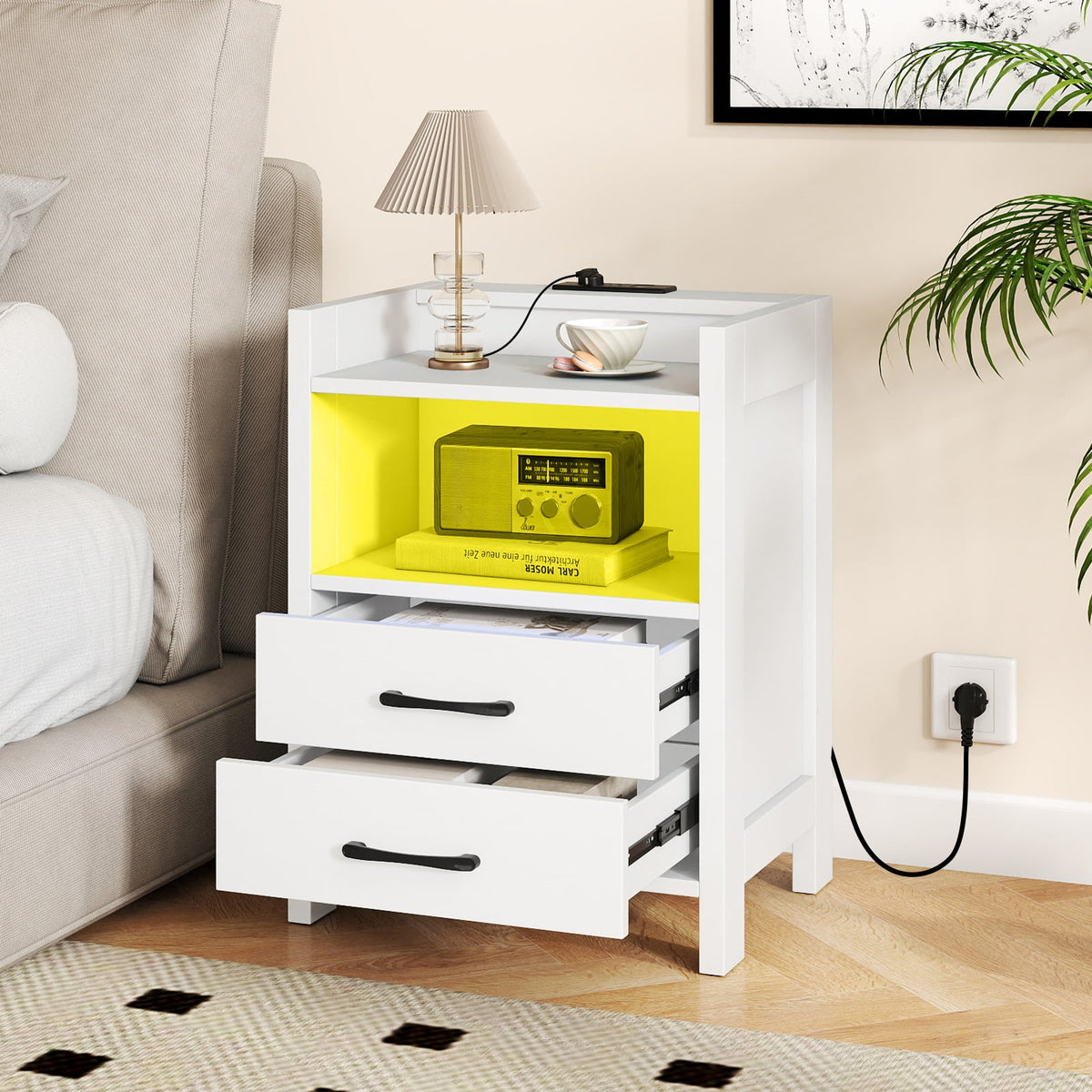 23.5 Inches Nightstand with Charging Station and Open Storage Shelf-White-End & Side Tables-DECOROLALA