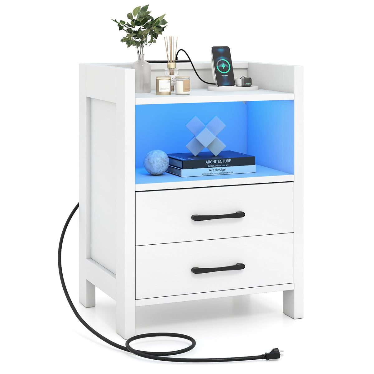 23.5 Inches Nightstand with Charging Station and Open Storage Shelf-White-End & Side Tables-DECOROLALA
