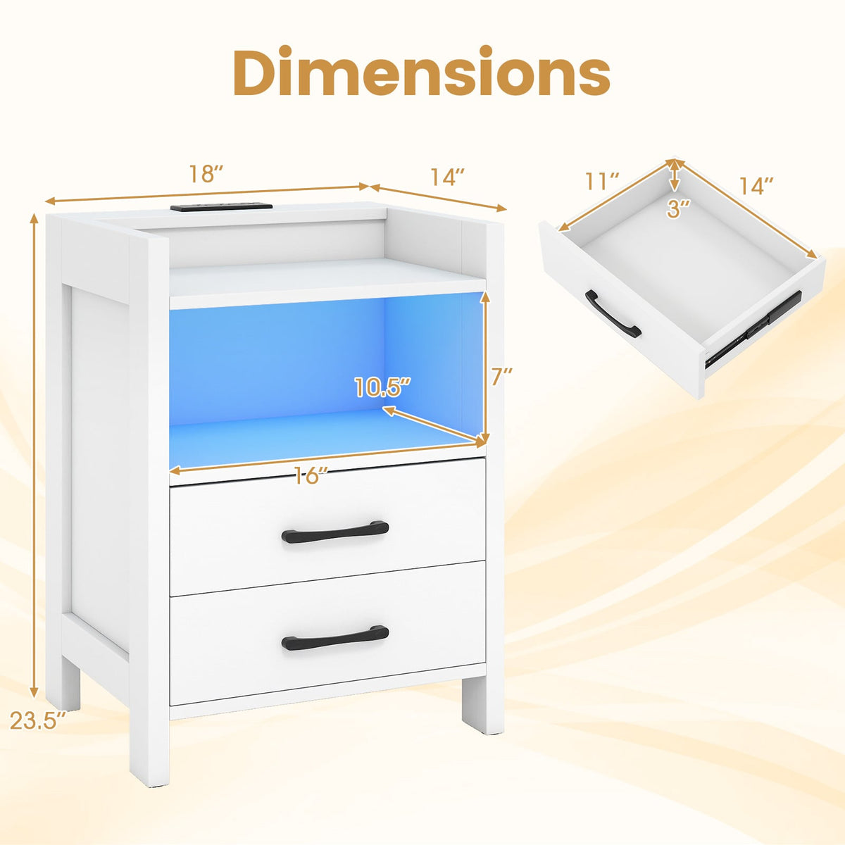23.5 Inches Nightstand with Charging Station and Open Storage Shelf-White-End & Side Tables-DECOROLALA