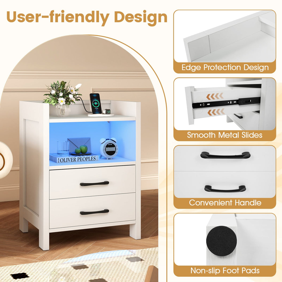 23.5 Inches Nightstand with Charging Station and Open Storage Shelf-White-End & Side Tables-DECOROLALA