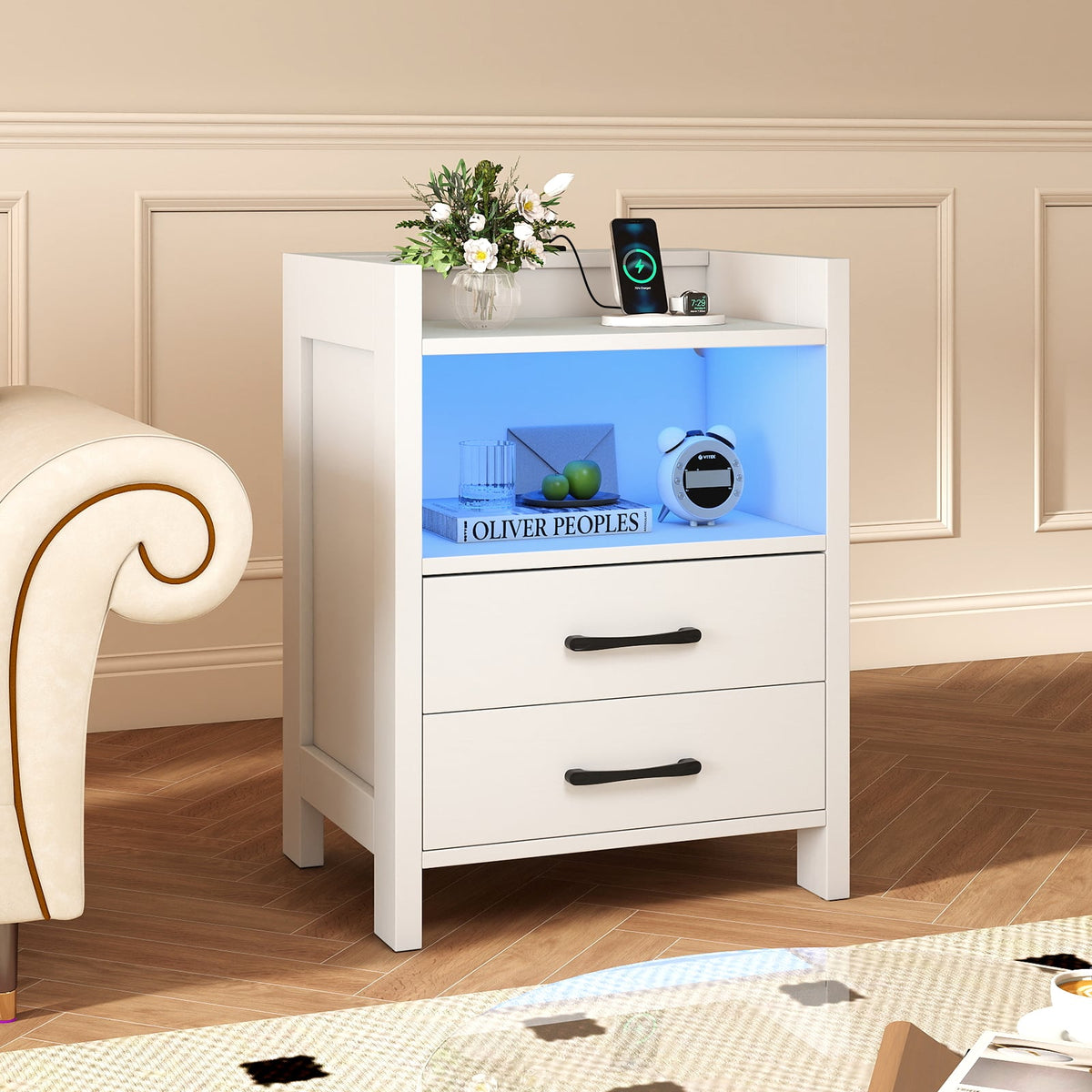 23.5 Inches Nightstand with Charging Station and Open Storage Shelf-White-End & Side Tables-DECOROLALA