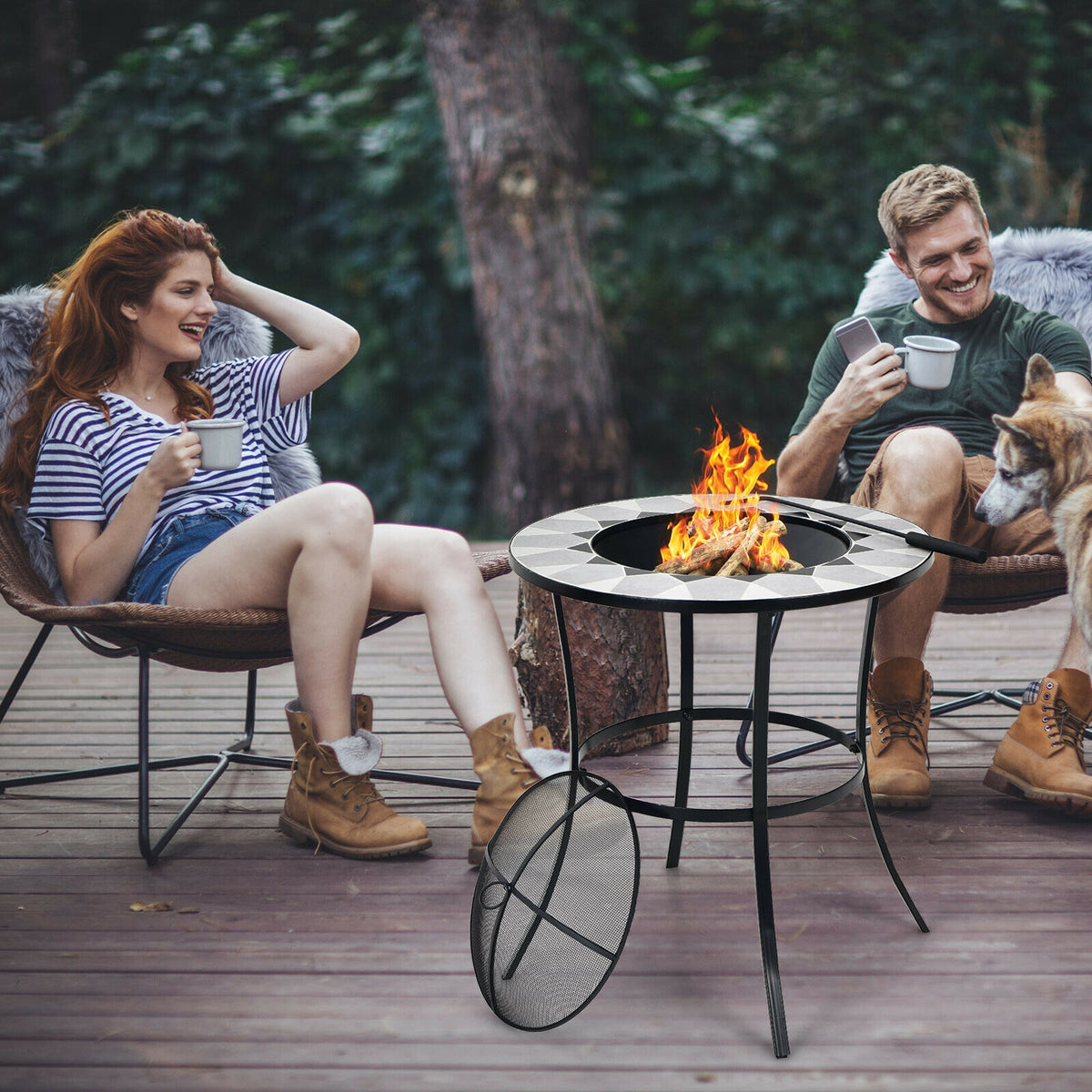 23.5 Inches Round Fire Pit Table with Mesh Cover and Fire Poker-Fire Pit Tables-DECOROLALA