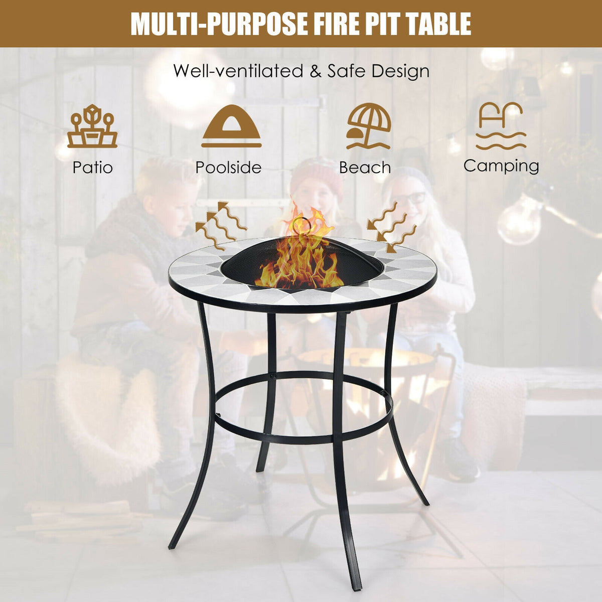 23.5 Inches Round Fire Pit Table with Mesh Cover and Fire Poker-Fire Pit Tables-DECOROLALA