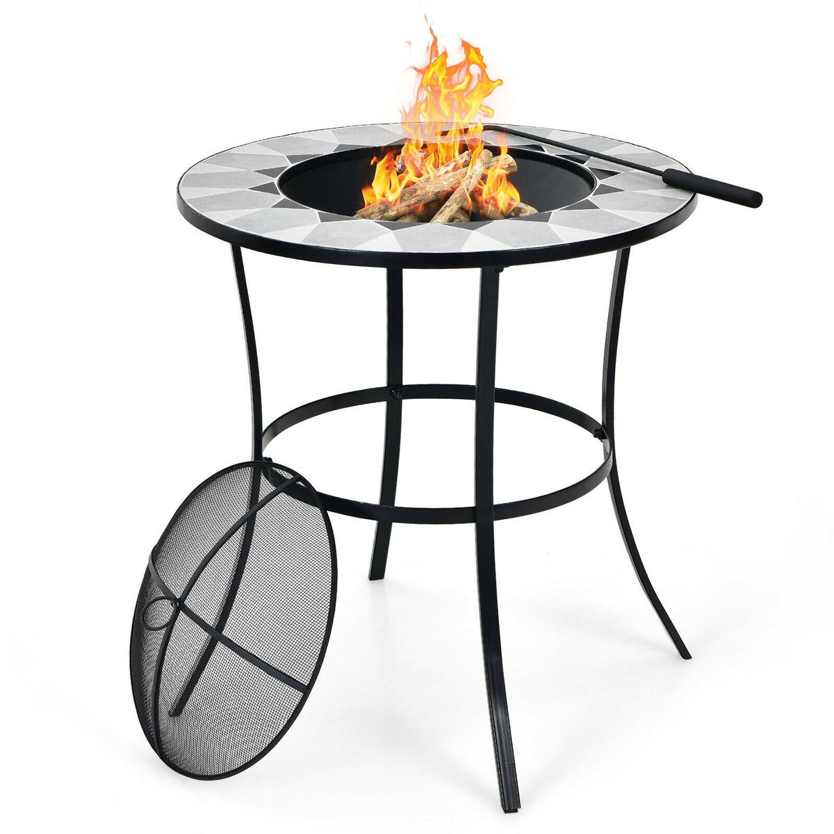 23.5 Inches Round Fire Pit Table with Mesh Cover and Fire Poker-Fire Pit Tables-DECOROLALA