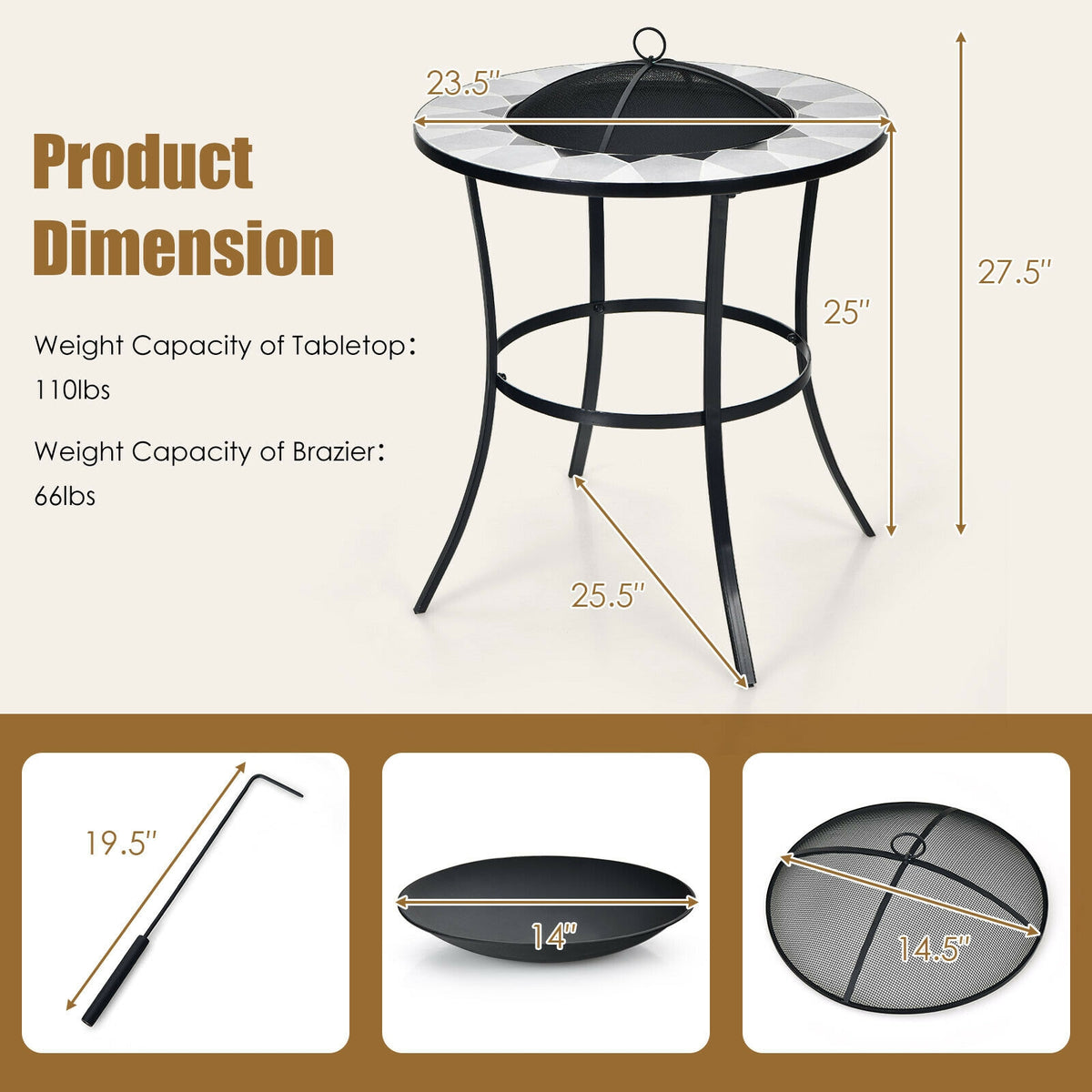 23.5 Inches Round Fire Pit Table with Mesh Cover and Fire Poker-Fire Pit Tables-DECOROLALA