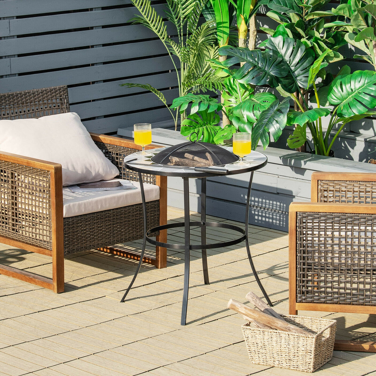 23.5 Inches Round Fire Pit Table with Mesh Cover and Fire Poker-Fire Pit Tables-DECOROLALA