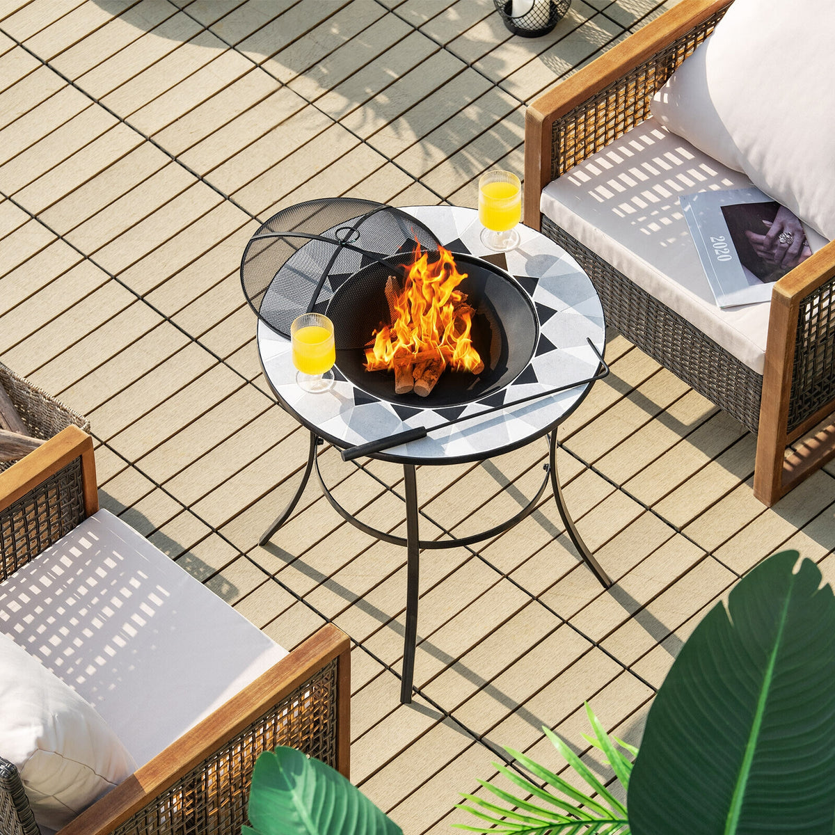 23.5 Inches Round Fire Pit Table with Mesh Cover and Fire Poker-Fire Pit Tables-DECOROLALA