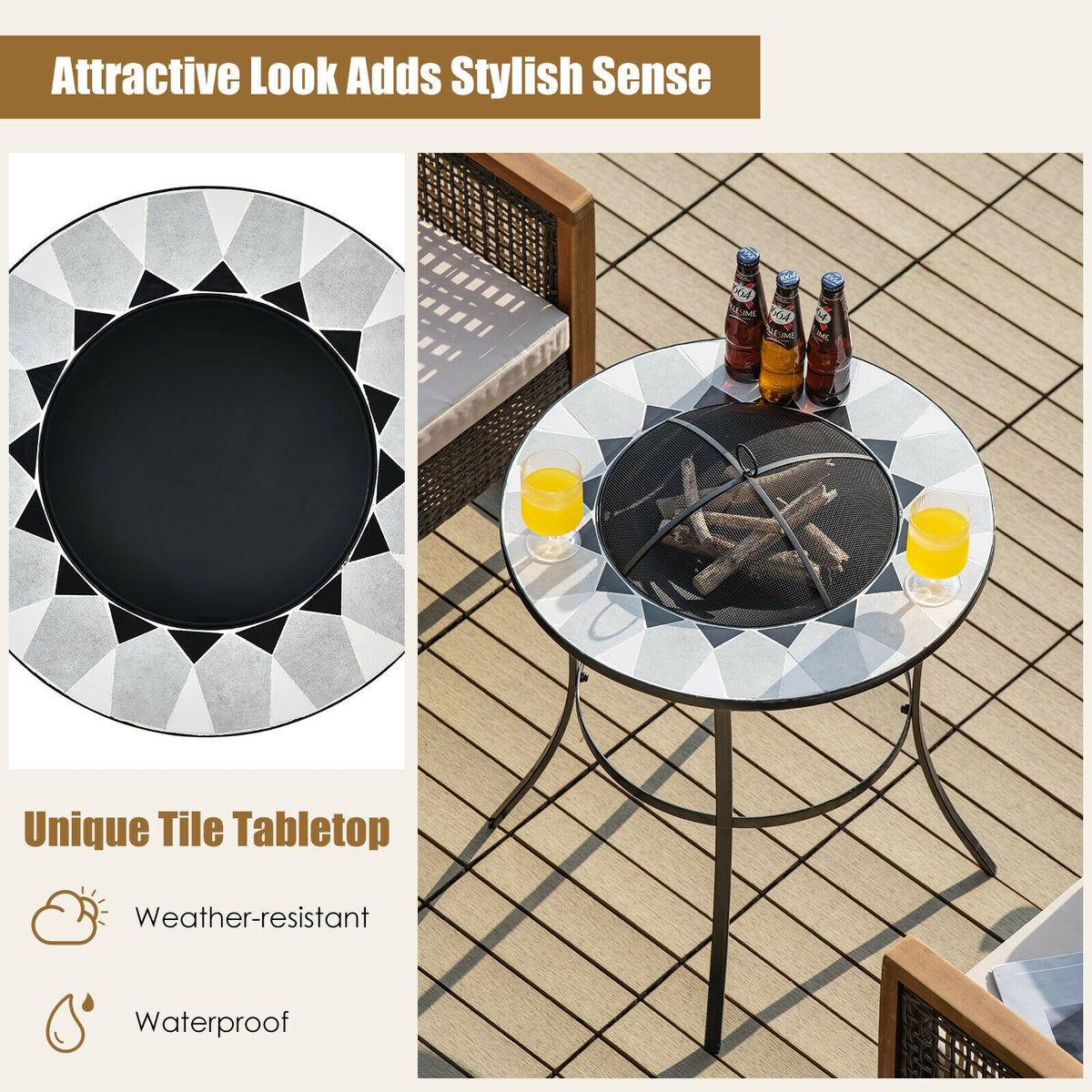 23.5 Inches Round Fire Pit Table with Mesh Cover and Fire Poker-Fire Pit Tables-DECOROLALA