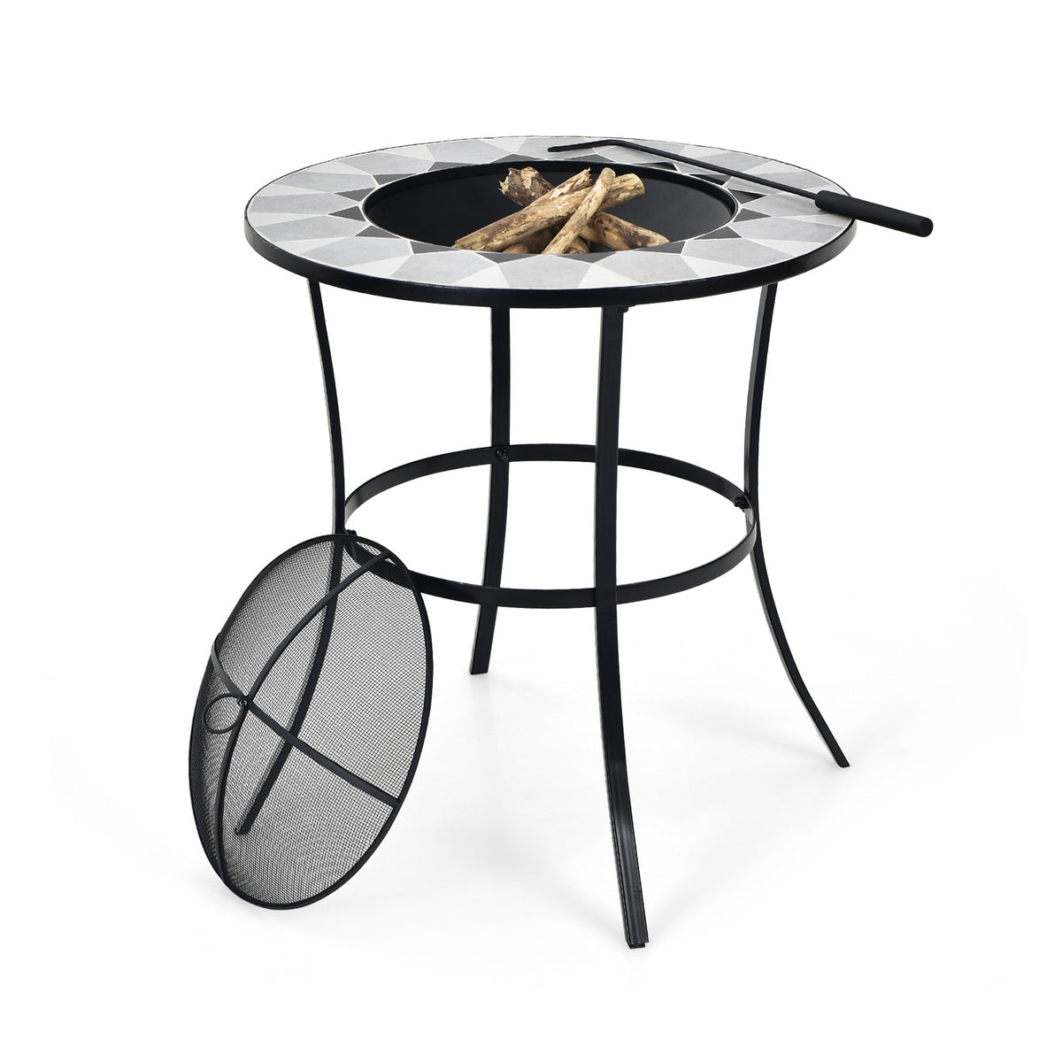 23.5 Inches Round Fire Pit Table with Mesh Cover and Fire Poker-Fire Pit Tables-DECOROLALA