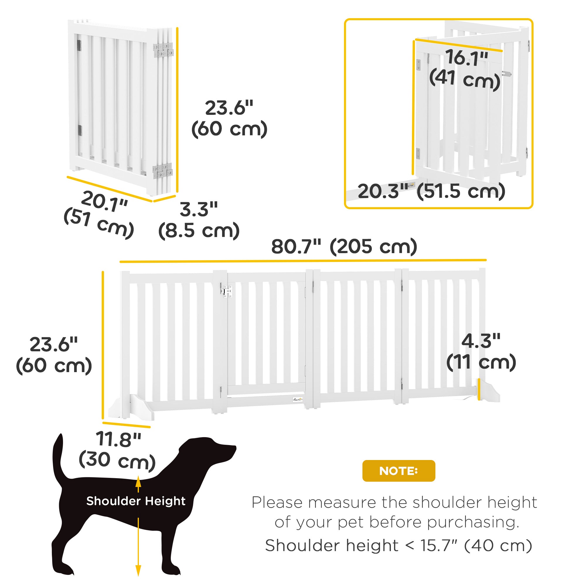 23.5"H Foldable Dog Gate with Door, 4 Panels Freestanding Pet Gate Barriers Indoor with Support Feet, Puppy Fence for Dogs, White-Dogs-DECOROLALA