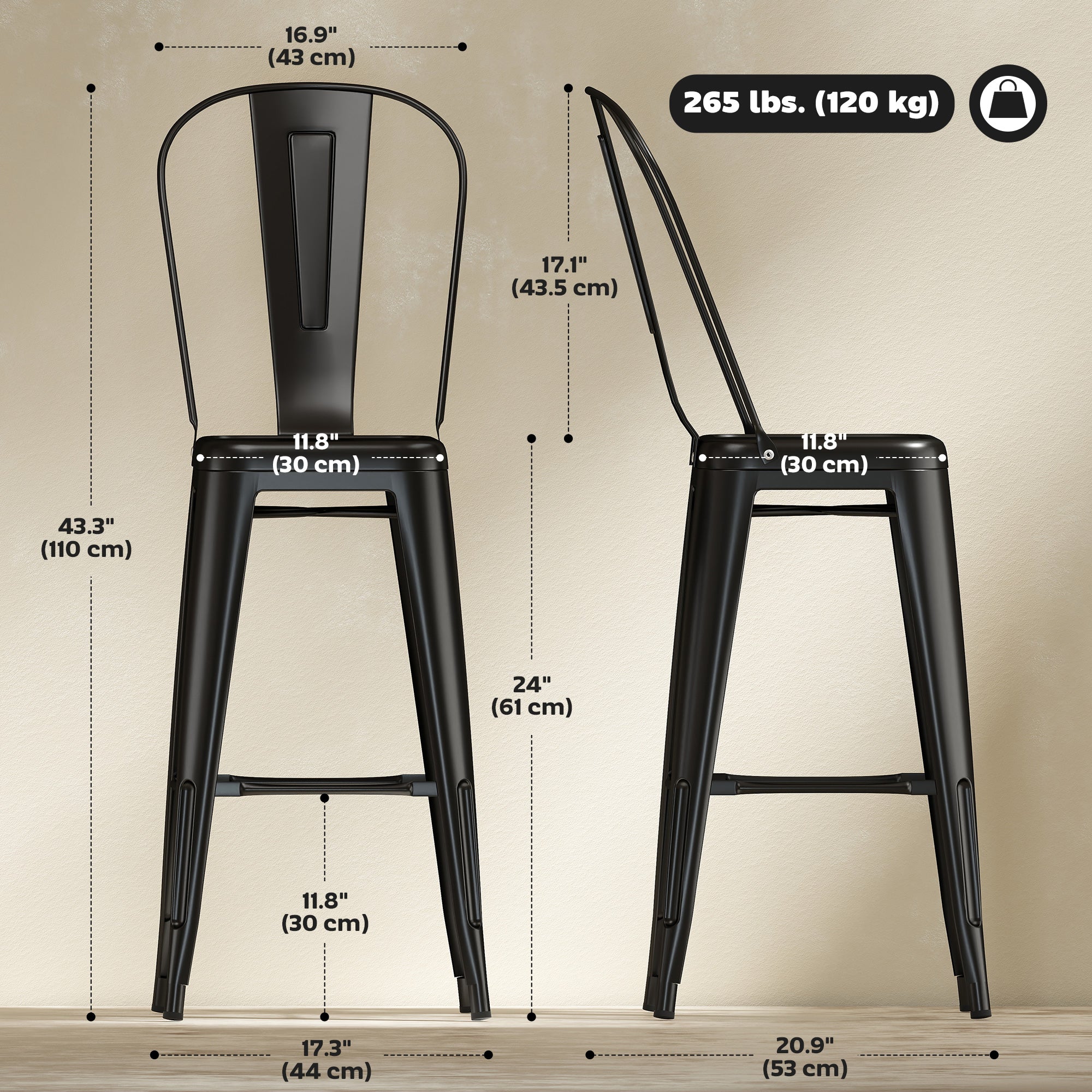 24" Bar Stools Set of 4 Industrial Black Metal-DECOROLALA