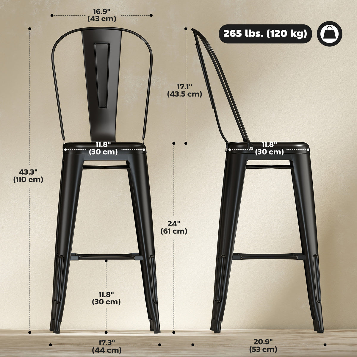 24" Bar Stools Set of 4 Industrial Black Metal-Bar Stools-DECOROLALA